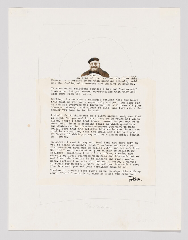 A typed letter with a small photo of a smiling man wearing a hat. The letter is signed "Father."