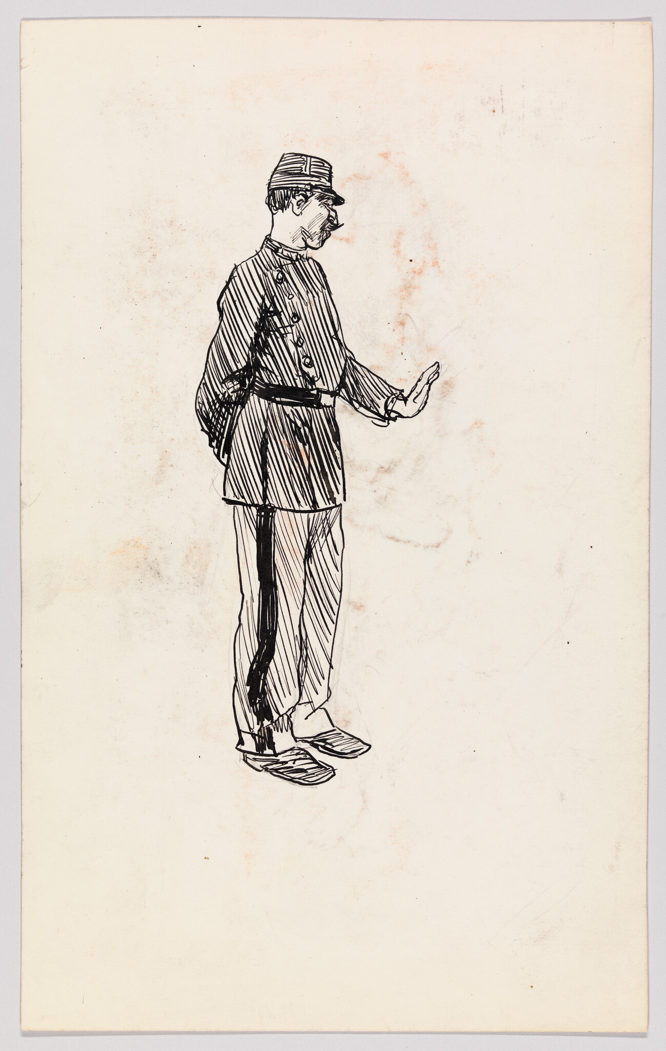 A sketch of a man standing in profile, wearing a striped uniform with a cap, belt, and shoes, depicted in black ink on aged paper with some discoloration spots.