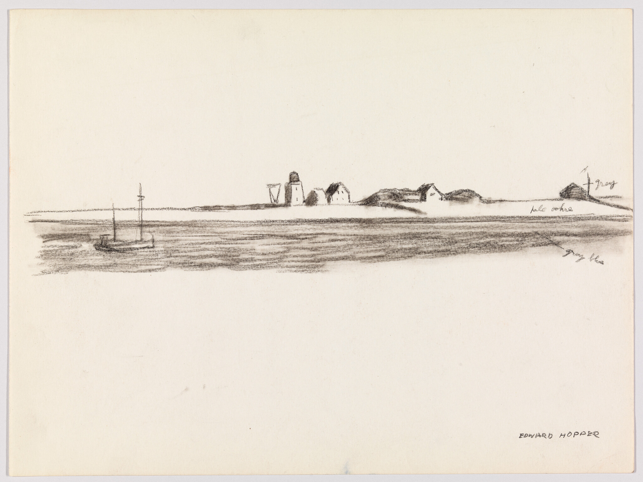 Small sailboat near a quiet shoreline with lighthouse and houses sketched in charcoal.