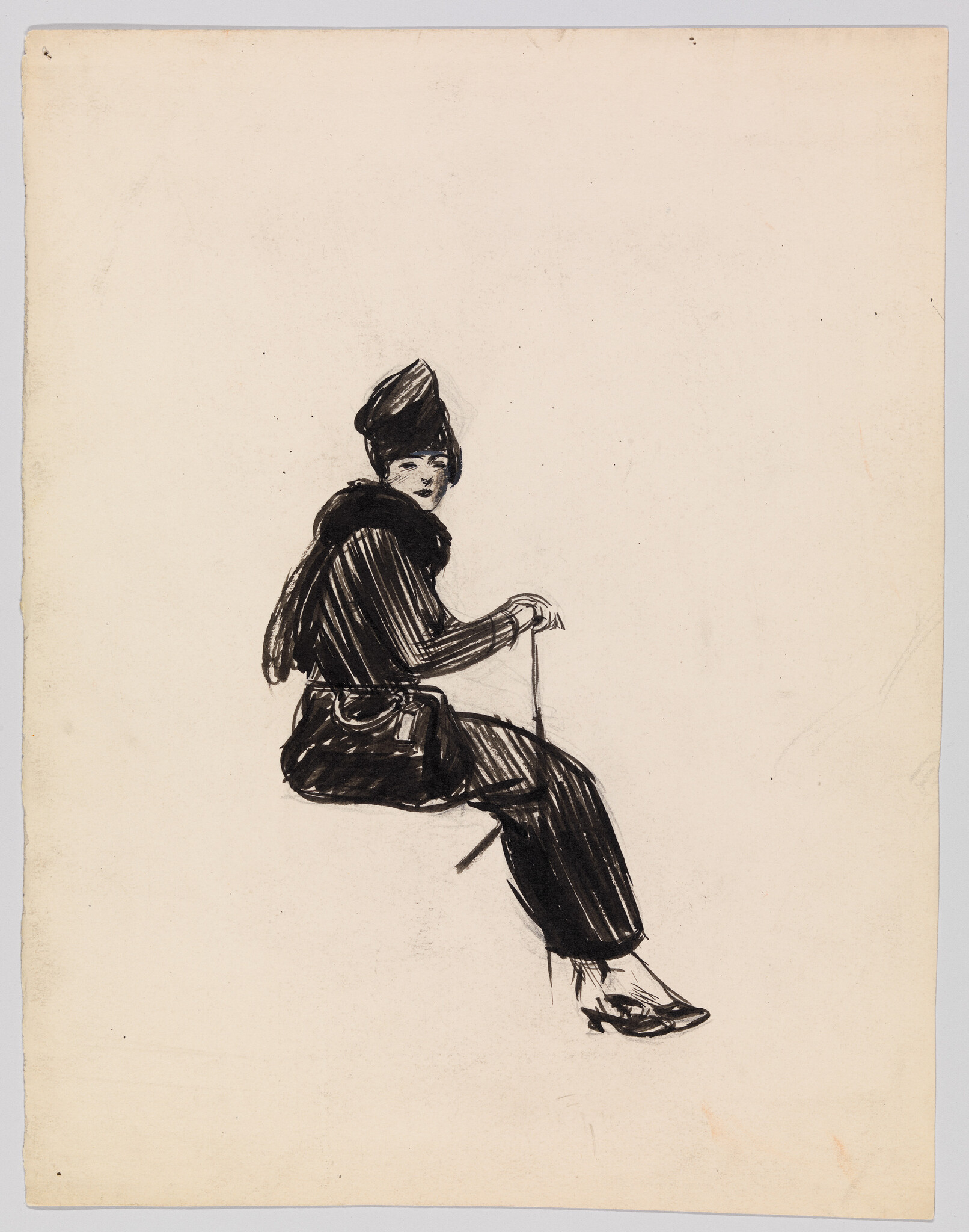 A seated woman in a hat and fur collar holds a cane while looking over her shoulder.