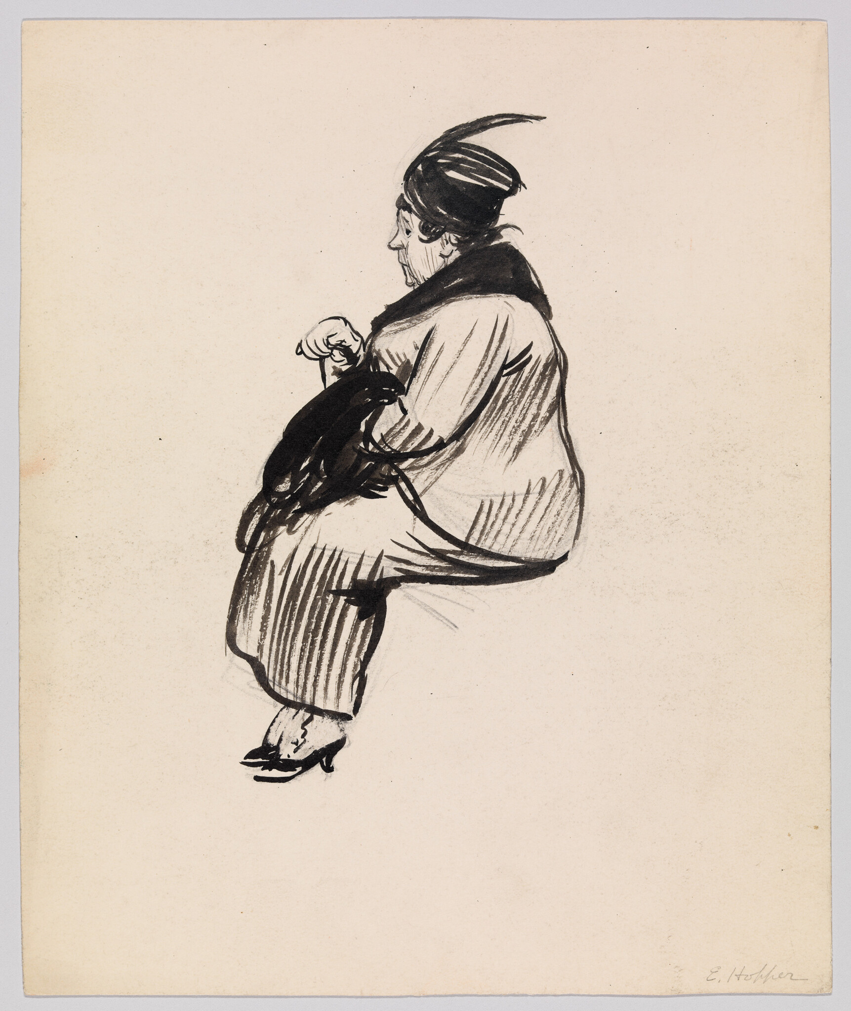 An elderly woman sits in profile wearing a hat and coat while holding a muff.