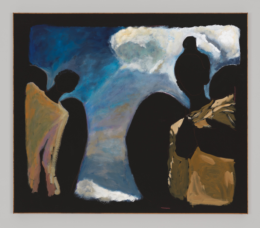 Abstract painting with silhouetted figures against a blue and white clouded sky. Figures are draped in earthy tones, creating a serene scene.