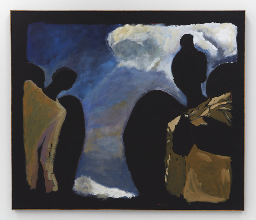 Abstract painting featuring silhouetted figures against a dark background with blue and white cloud-like forms. The figures appear contemplative or in motion, with one on the left side partially obscured and another on the right holding what seems to be a bundle of objects. The artwork is framed in black.