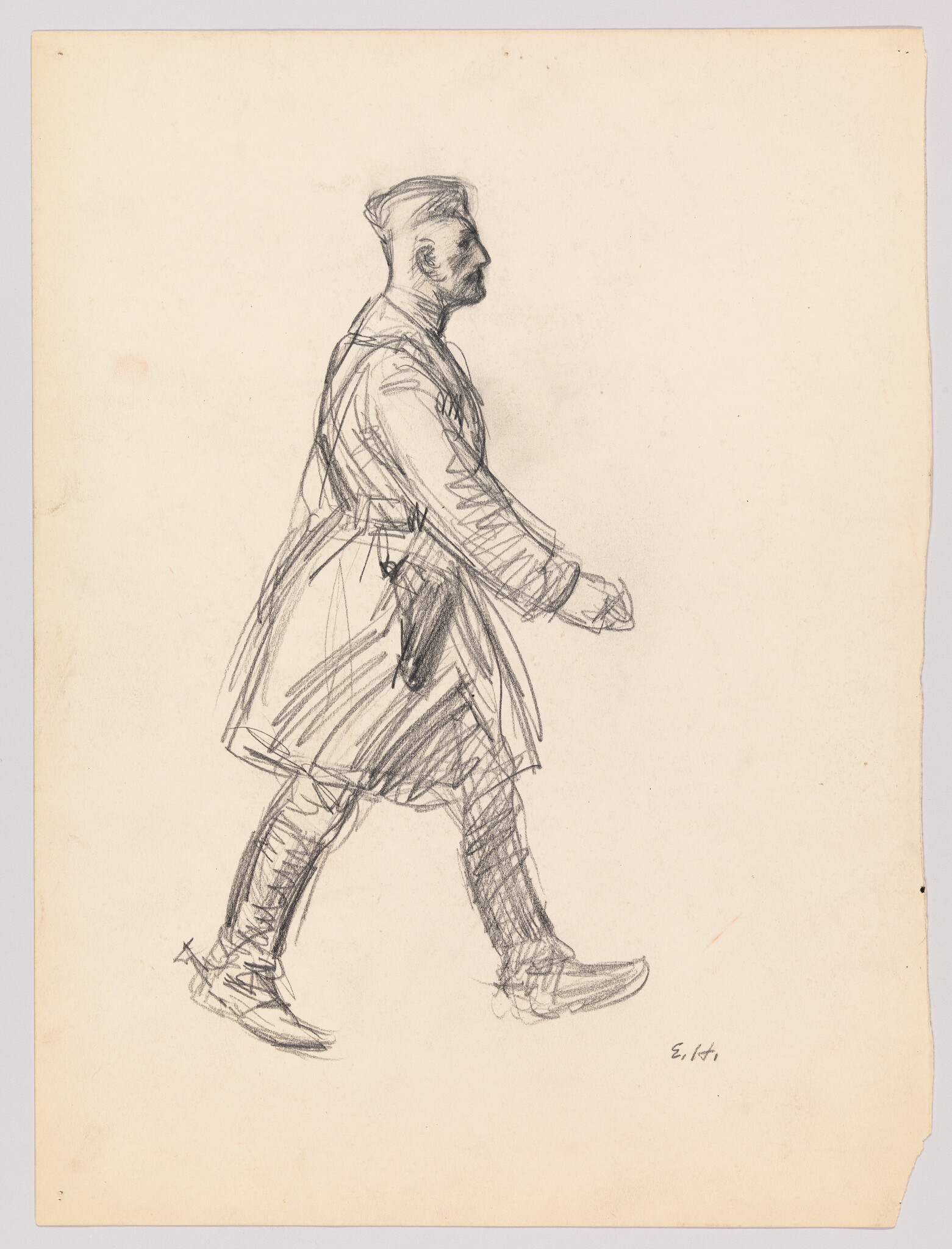 A pencil sketch of a man in a long coat walking to the right in profile.
