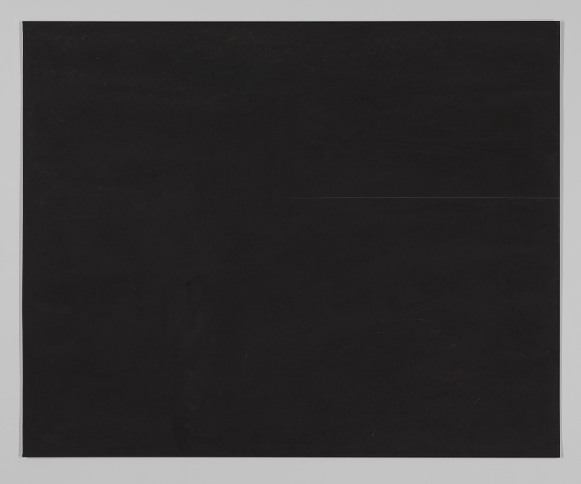 A minimalist painting featuring a predominantly black canvas with a subtle, thin horizontal blue line towards the lower third of the composition. The surface texture appears slightly varied with faint marks and nuances in the darkness.