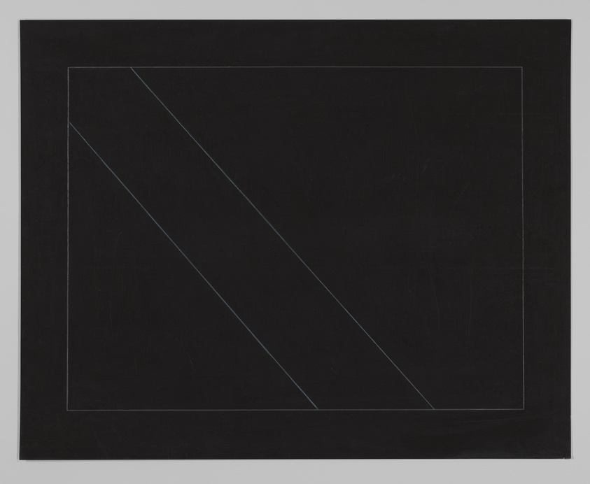 A minimalist artwork featuring a dark canvas with a faint square outline near the border and two thin diagonal lines intersecting from corner to corner within the square, all set against a black background.