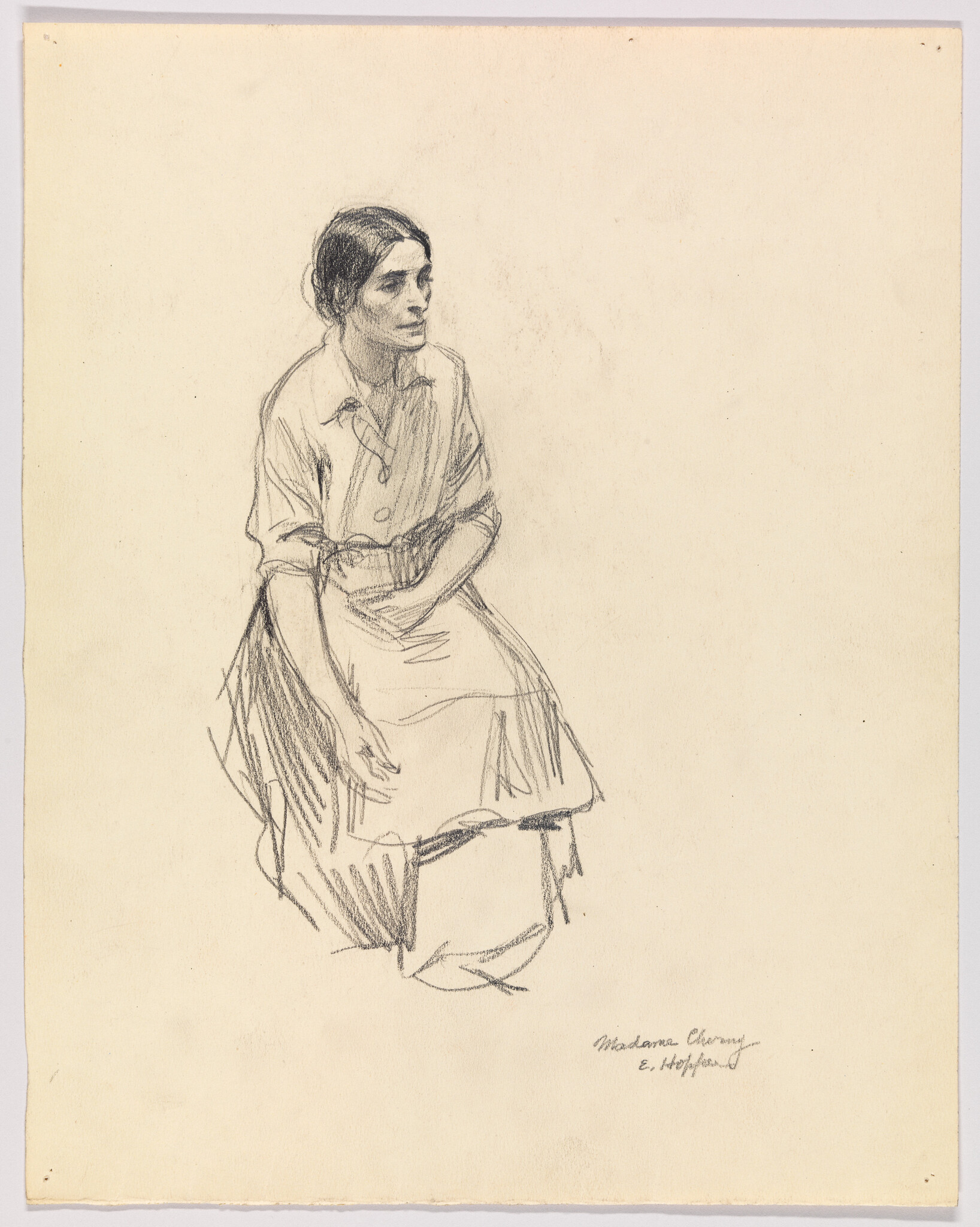 A seated woman in a simple dress looks to the right with hands resting on her lap.