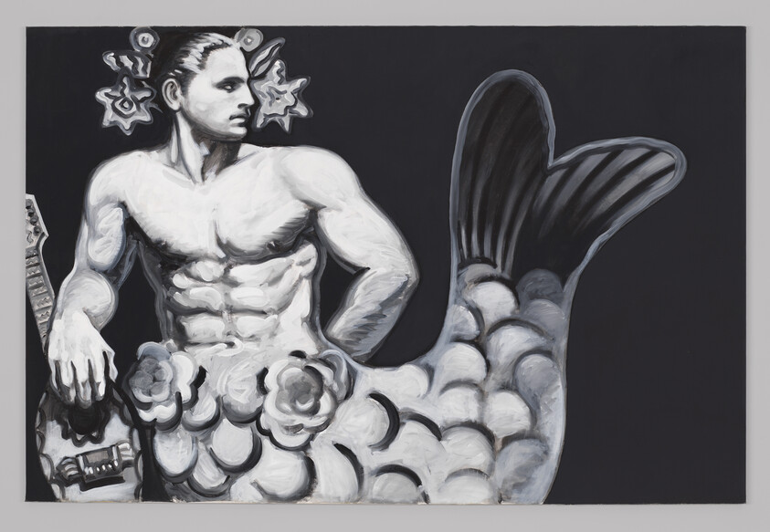A grayscale painting of a muscular merman with floral scales leaning on a guitar.