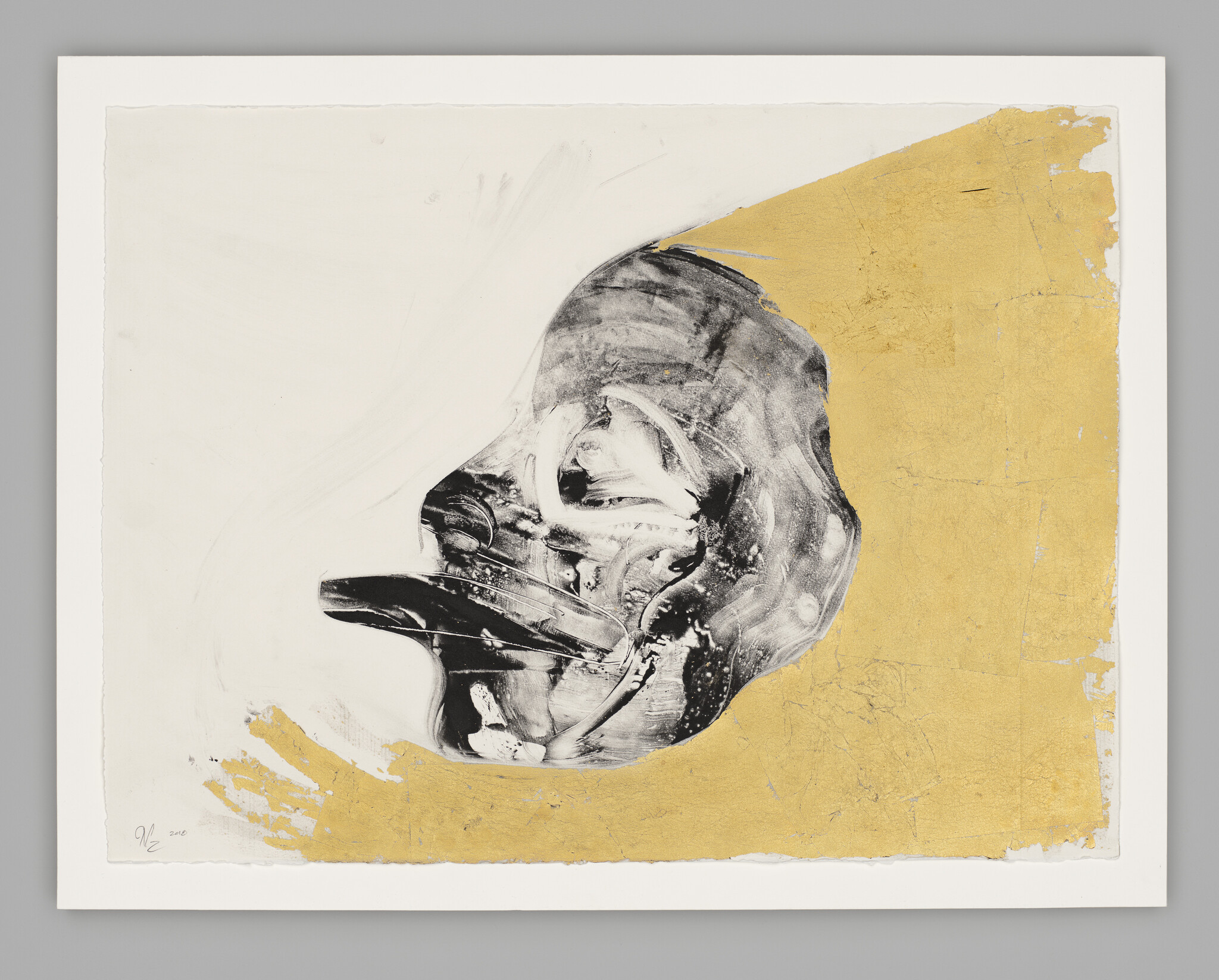 A black-and-white abstract human profile or mask faces left against a textured gold background.