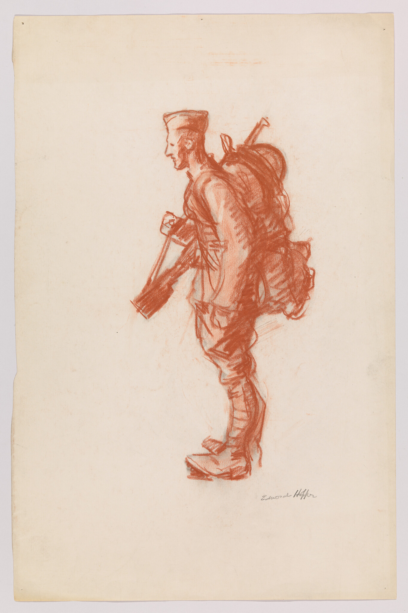 A soldier in uniform stands carrying a large backpack and a rifle in a red chalk sketch.