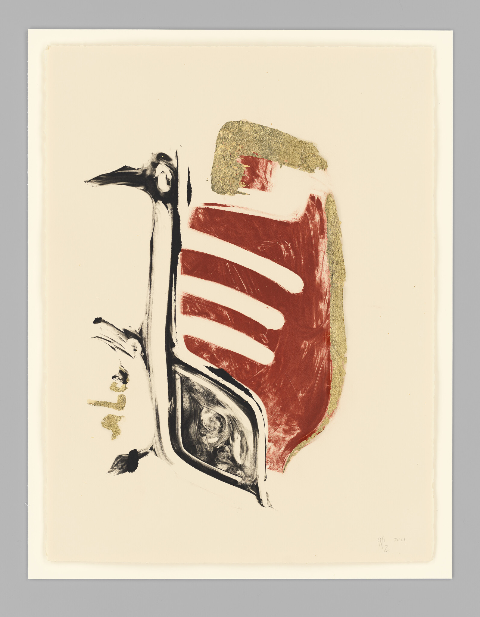 Abstract art print featuring a stylized bird-like figure in black and white with bold red and gold brush strokes on an off-white background. The composition is suggestive rather than literal, with a mix of organic and geometric shapes.