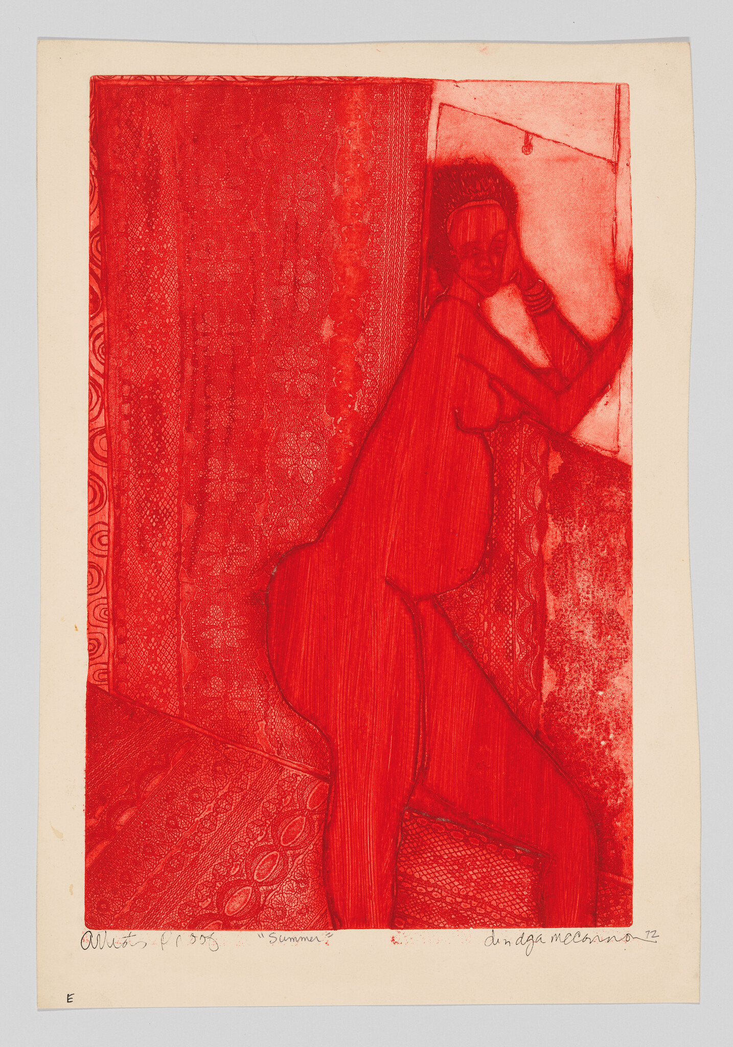 A red-toned figure of a woman leaning against a window and looking outside.