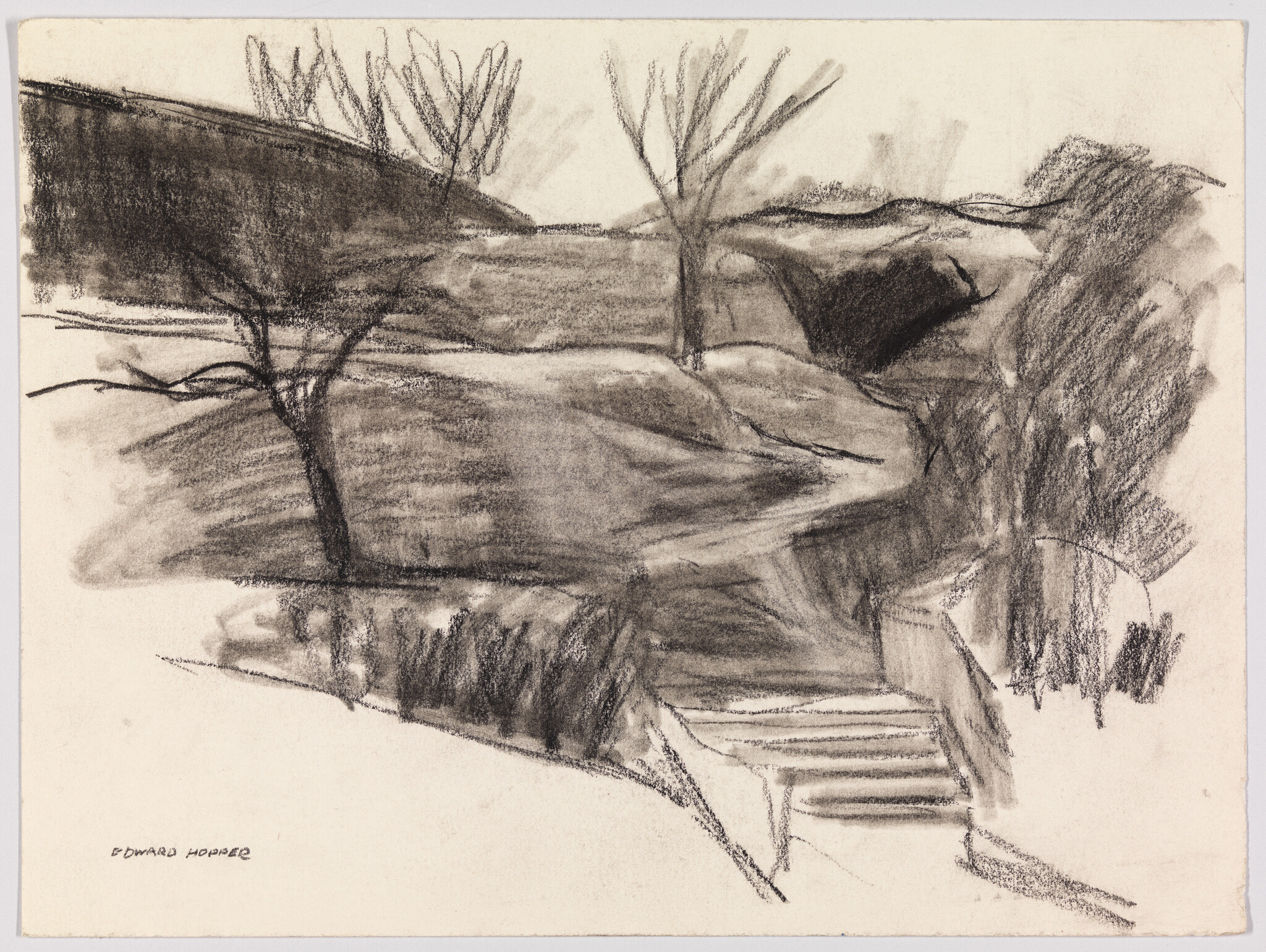 Charcoal landscape sketch showing rolling hills, bare trees, and a set of rough stone steps.