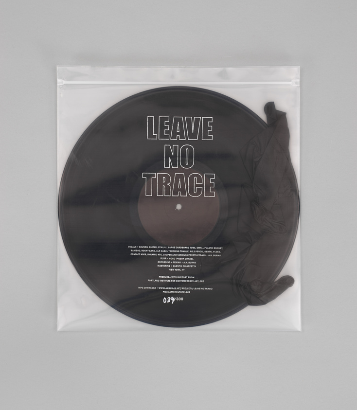 A vinyl record titled "LEAVE NO TRACE" in a clear plastic sleeve, with text and numbering indicating it's a limited edition.