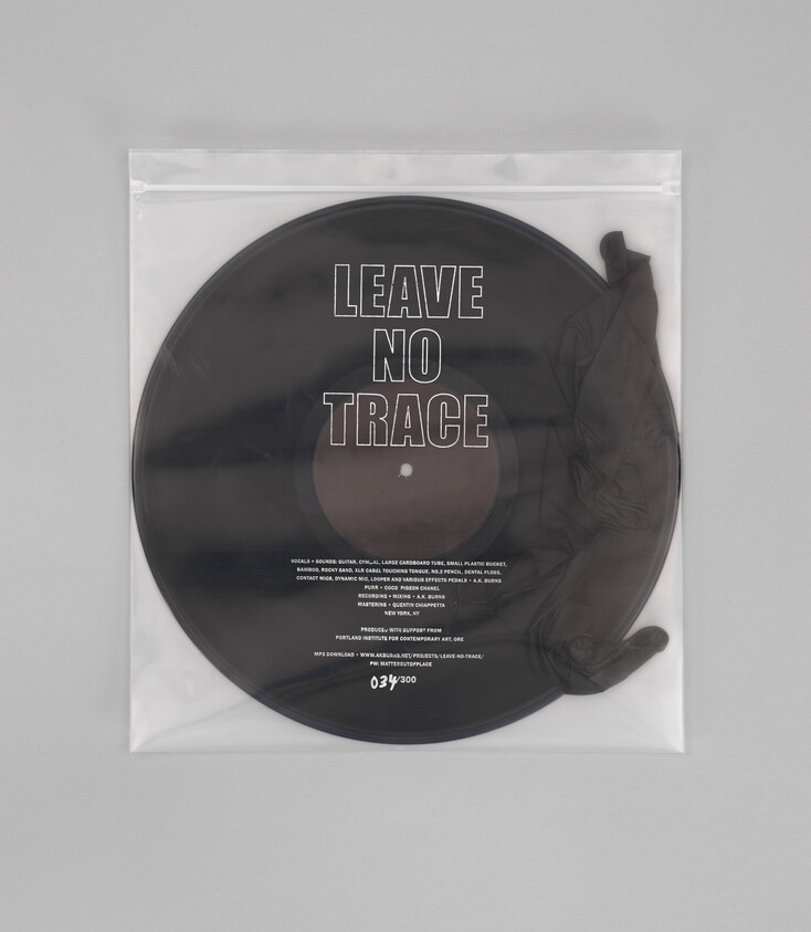 A black vinyl record labeled "Leave No Trace" sealed inside a clear plastic sleeve with a black glove.