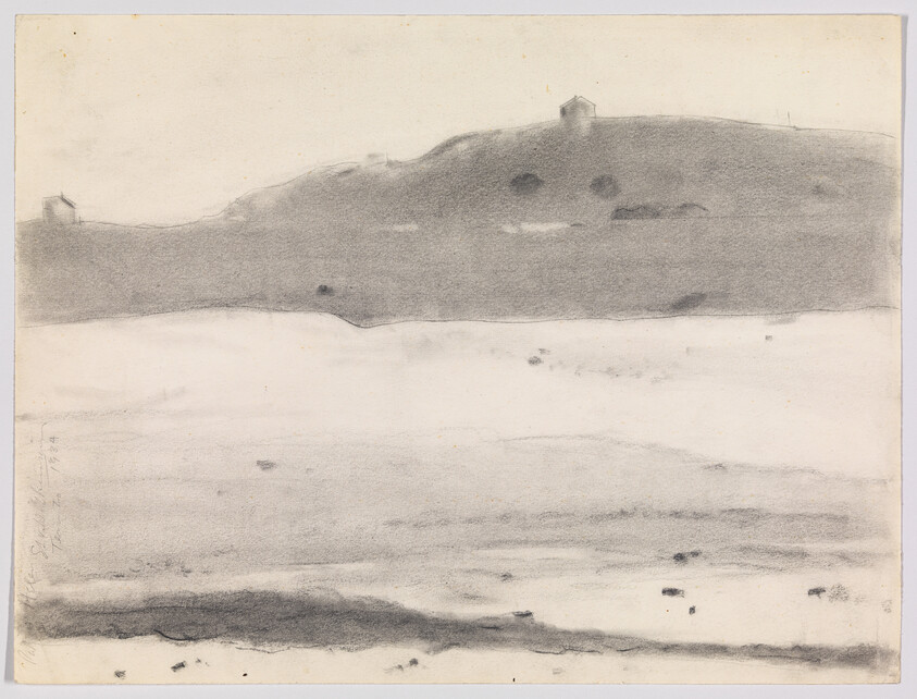 A white circular parachute lies inflated on a dark field under a blue, cloudy sky.