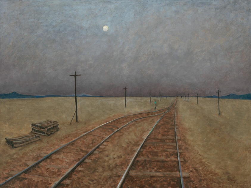 Railroad tracks stretch into a barren plain under a pale moon with distant telegraph poles.