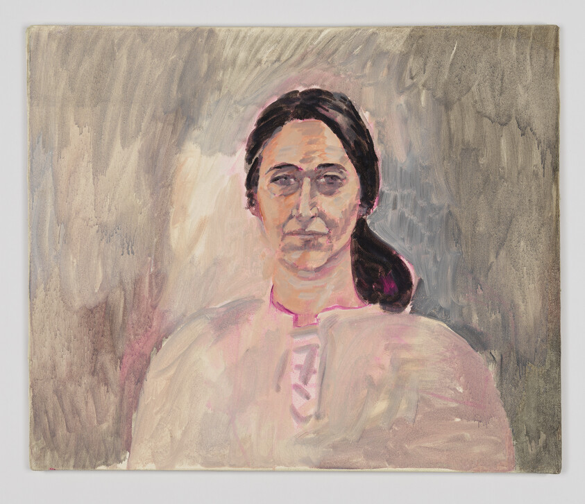 A painted portrait of a woman with dark hair pulled back, wearing a pale pink blouse, looking forward.