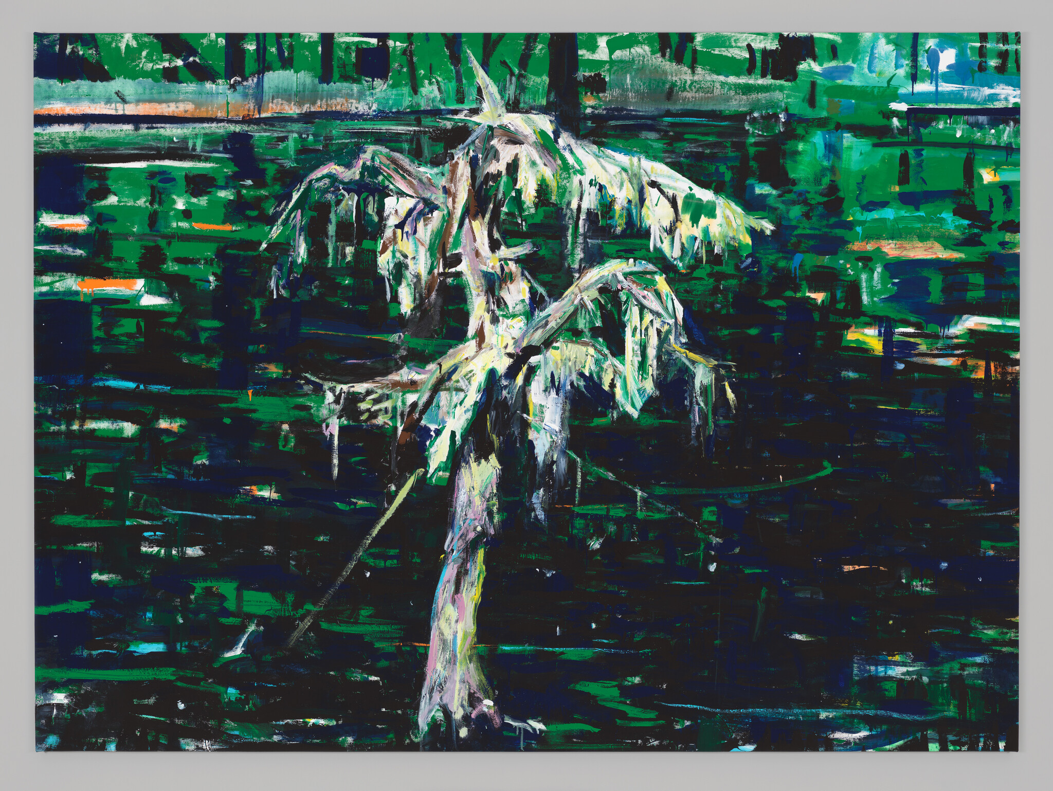 A lone willow-like tree with drooping branches stands against a dark green, abstract watery background.