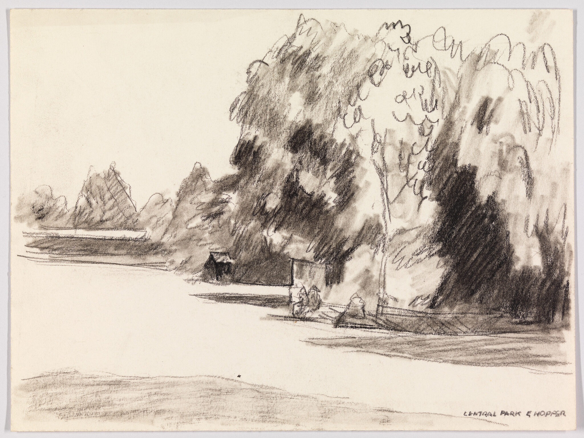 Charcoal sketch showing tall trees and a riverside path with two small seated figures.
