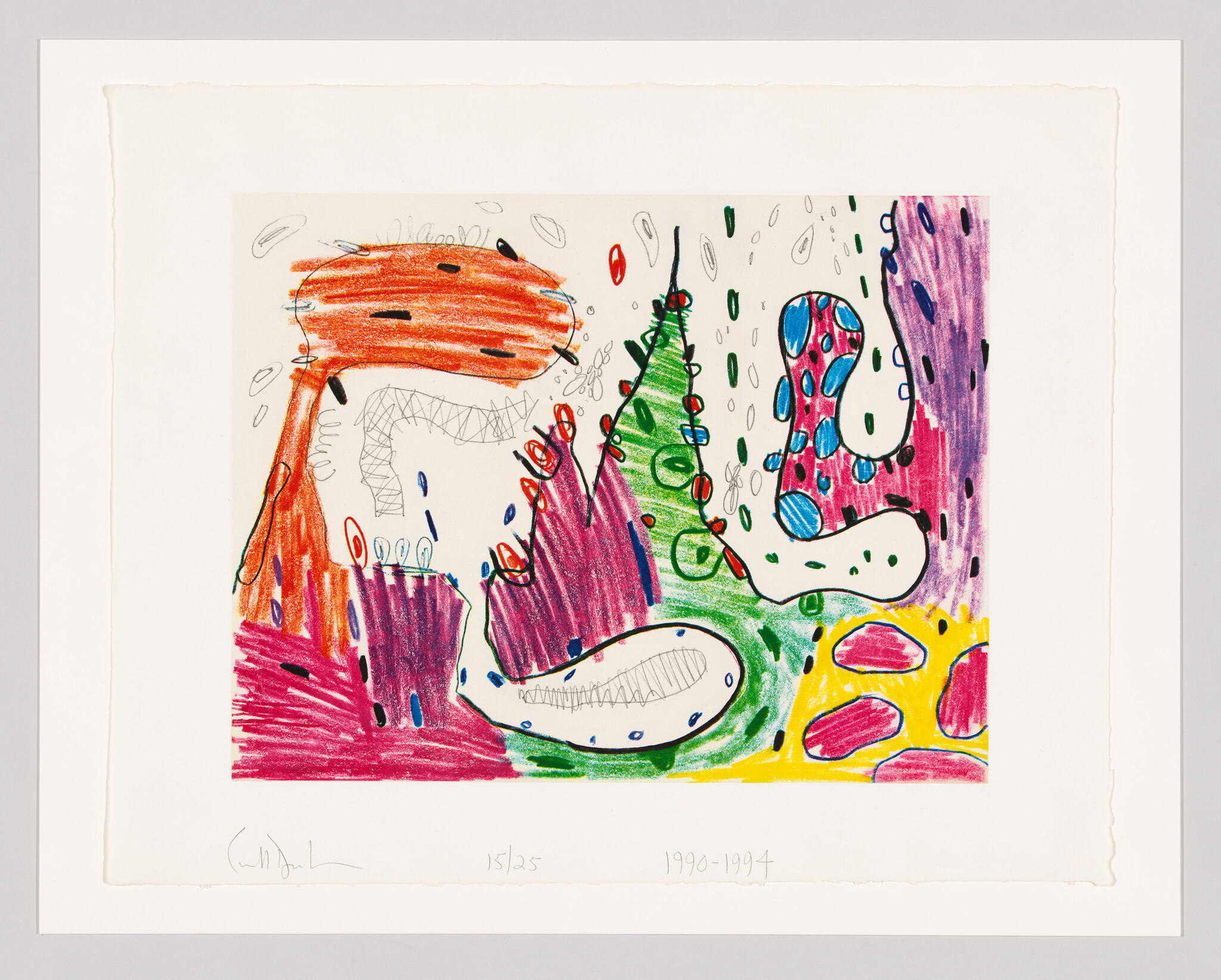 Colorful abstract crayon drawing with various shapes and scribbles, signed and dated at the bottom.