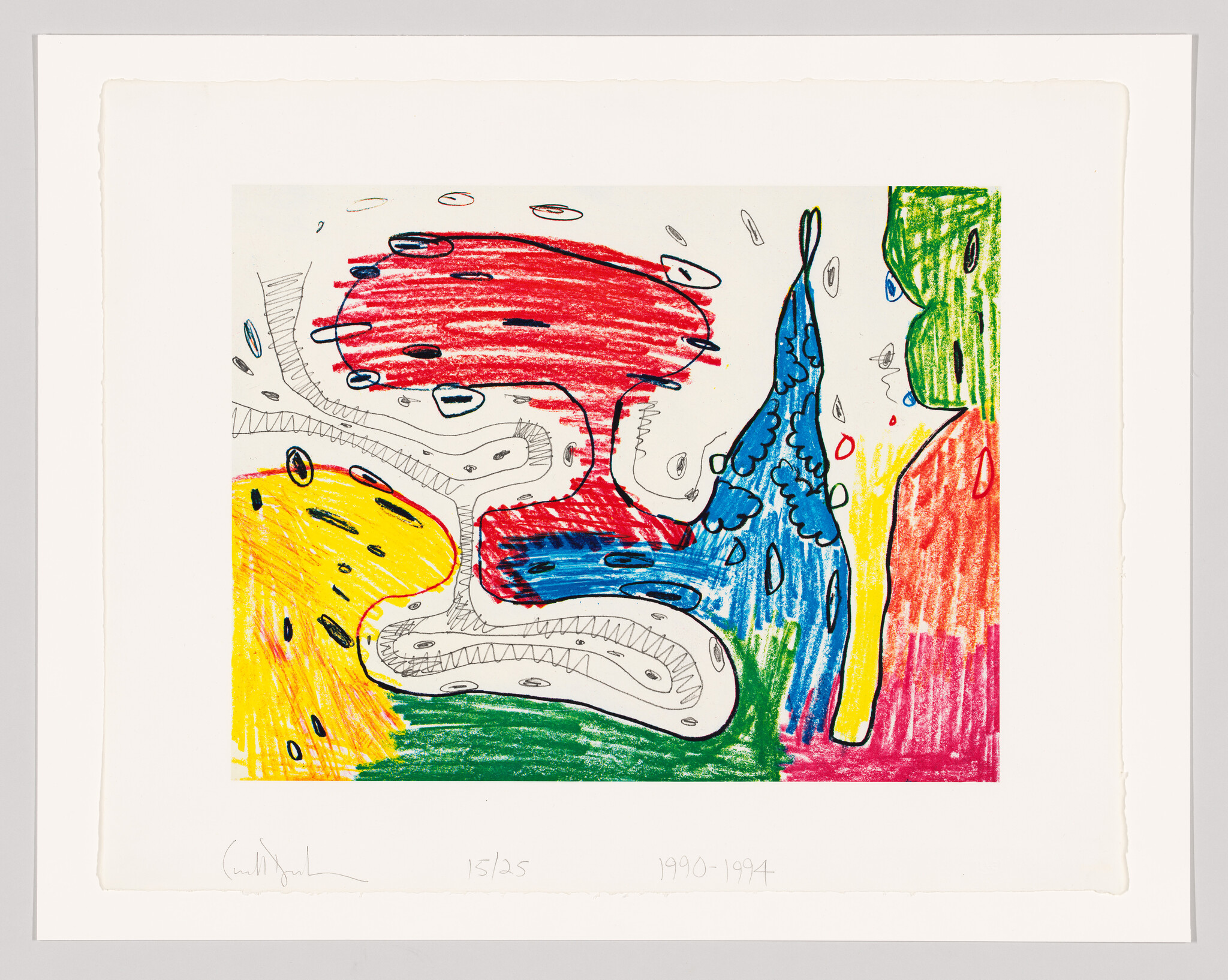 Colorful abstract etching with red, blue, yellow, and green shapes, signed and numbered 15/25, dated 1990-1994.