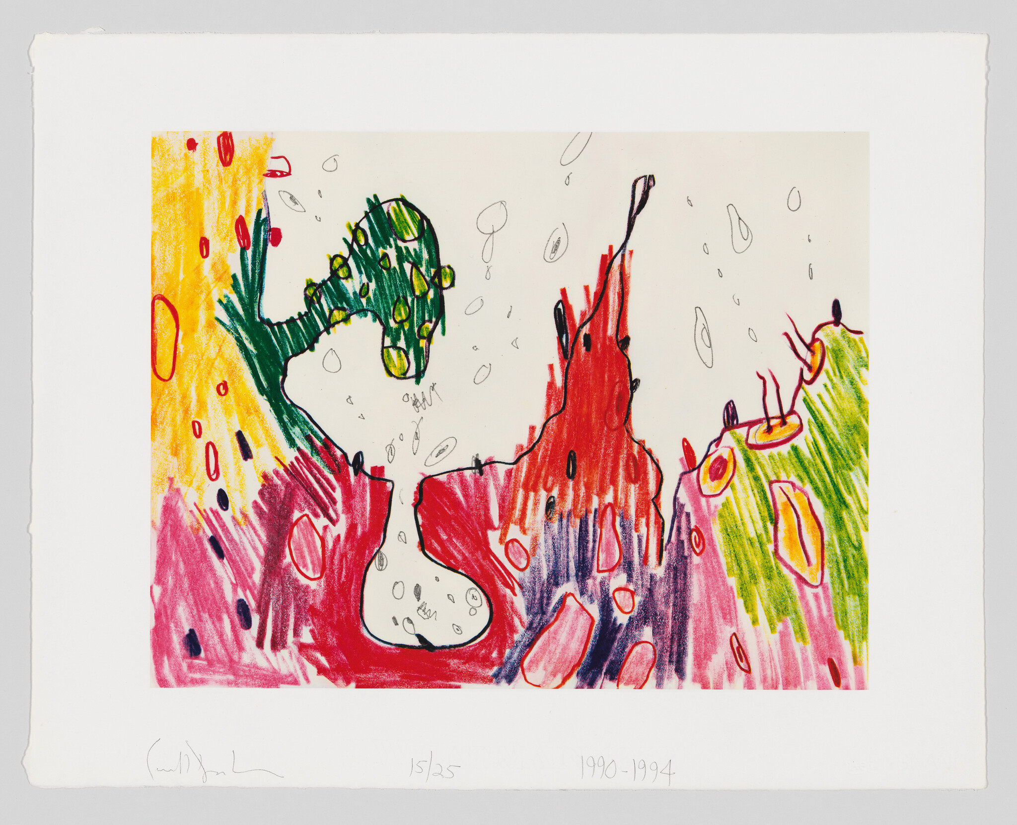 A vibrant, abstract lithograph featuring a mix of bright colors such as yellow, red, and green with black outlines. The composition includes a central green figure with yellow spots, surrounded by red and pink forms that resemble organic shapes or creatures, with some elements appearing to be eyes. There are also scattered droplet-like marks throughout the image. The artwork is numbered 15/25 and dated between 1990-1994, with a signature on the bottom left corner.
