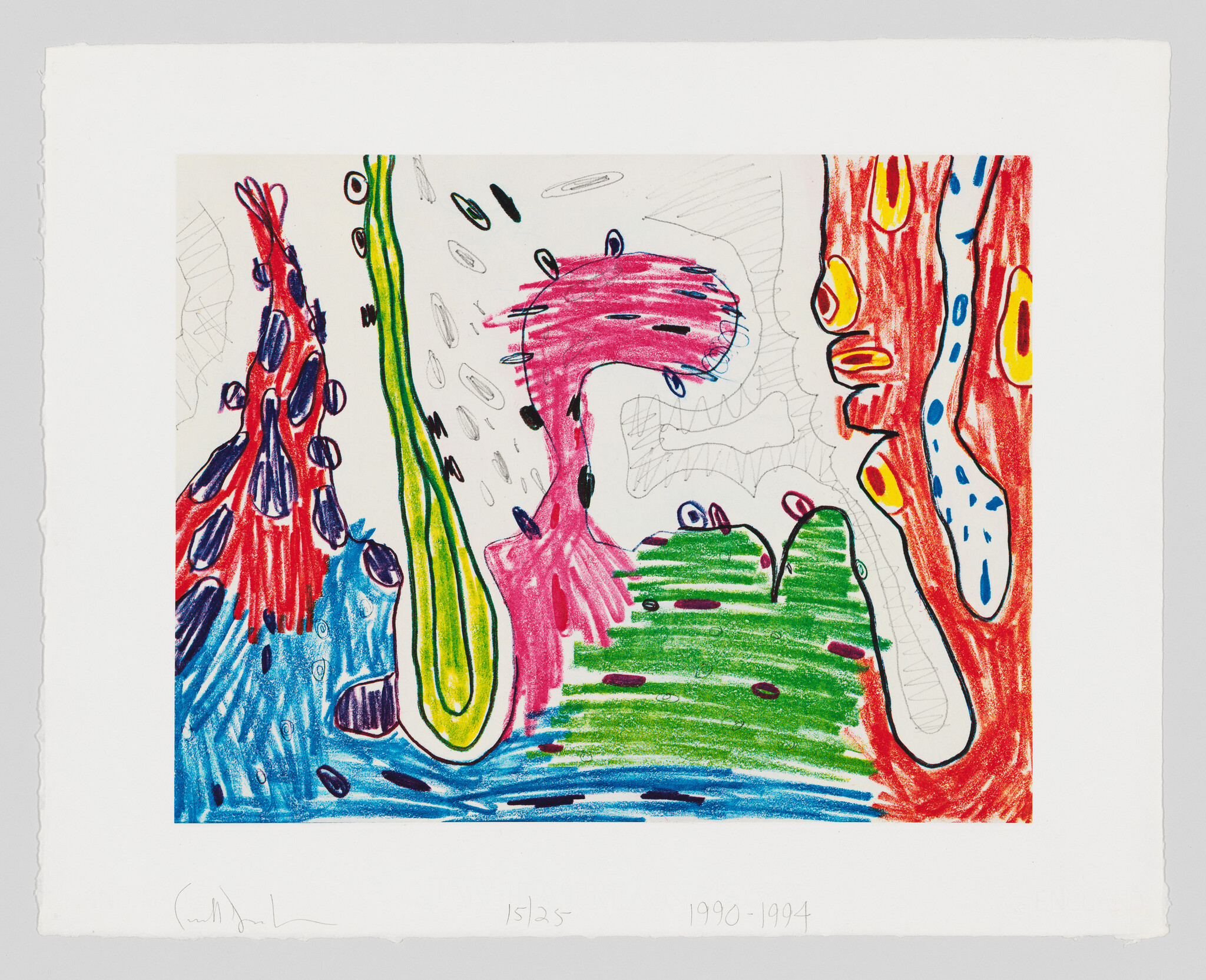 A vibrant and abstract crayon drawing on paper featuring a variety of colorful, organic shapes and lines. Red, green, blue, and yellow hues dominate the composition, with black accents providing contrast. Some shapes resemble fantastical creatures with eyes, while others are more ambiguous. The artwork is dated between 1990-1994 and includes a signature in the lower left corner. The paper has a rough texture and torn edges, suggesting it may be handcrafted.