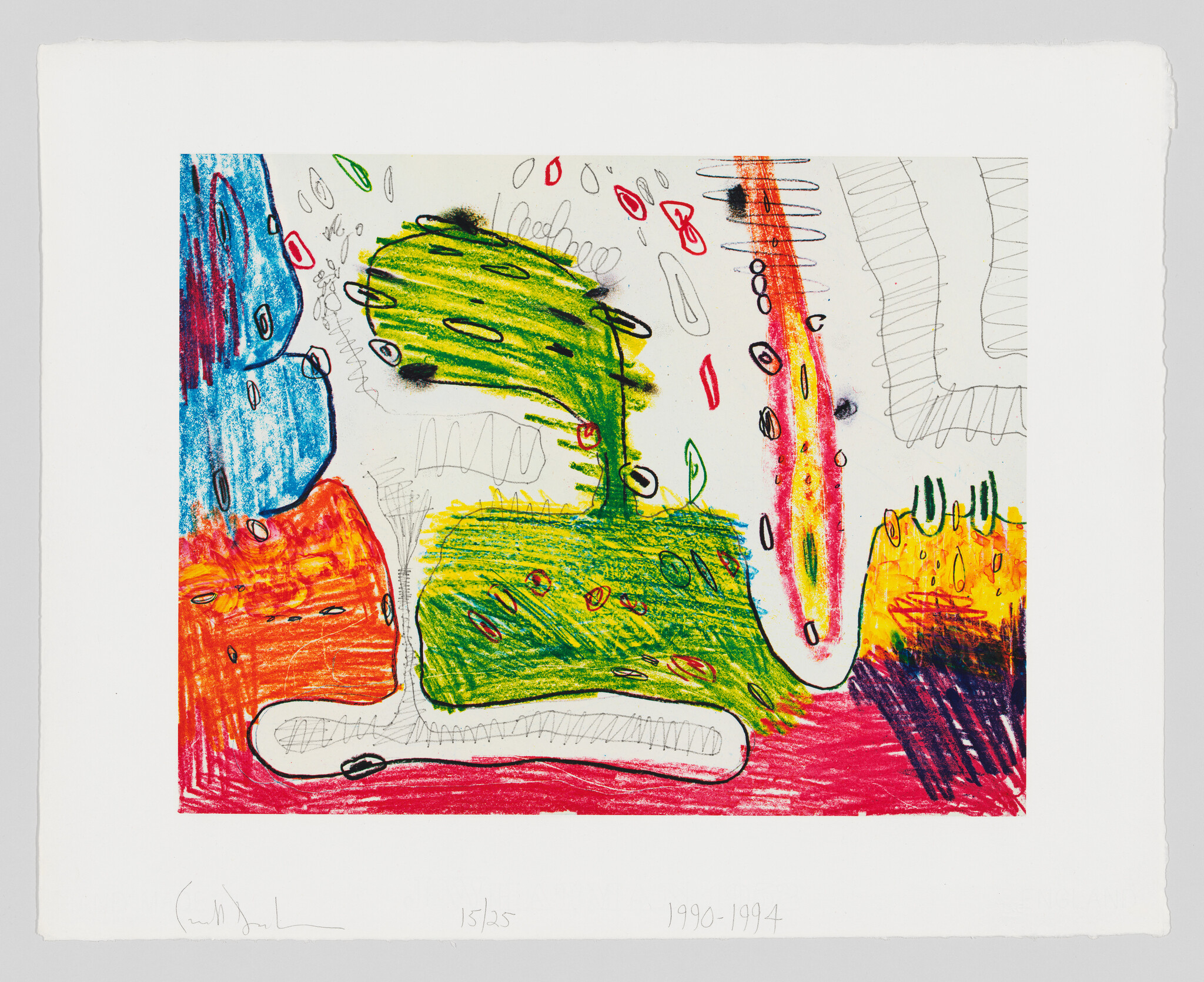 A colorful abstract artwork with various shapes and scribbles in red, blue, green, yellow, and black crayon or pastel. There are leaf-like and oval patterns scattered throughout, with some areas resembling rough textures or brush strokes. The image includes a date range "1990-1994" and a signature in the lower corners, indicating it's a limited edition print, numbered 15/25.