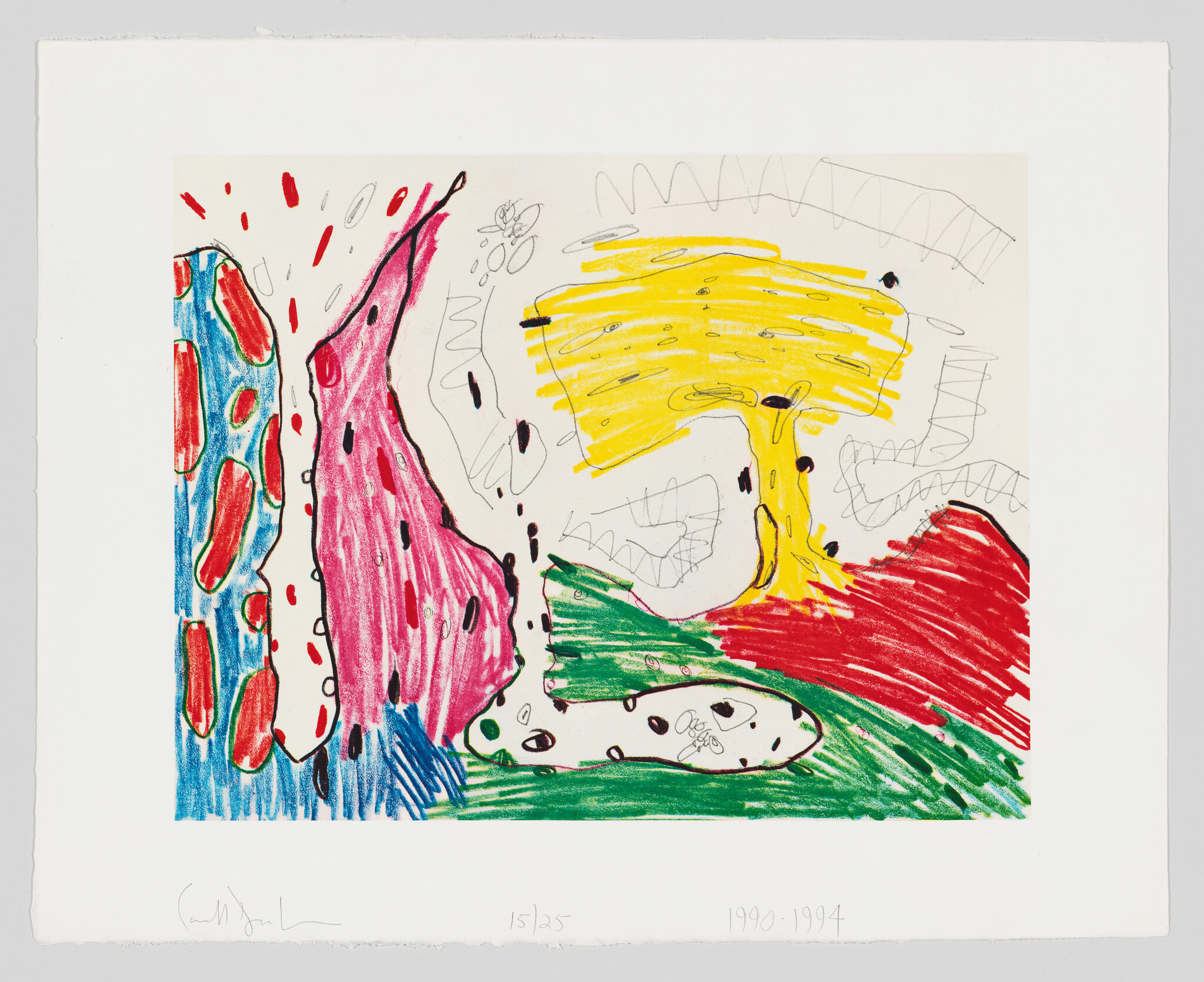 A colorful abstract drawing featuring bold scribbles and shapes in red, yellow, green, and blue crayon or marker. The artwork has a child-like quality with various patterns and doodles, including what appears to be a yellow sun-like shape in the upper right. There are signatures and numbers on the bottom left and right corners, indicating it's a limited edition piece.