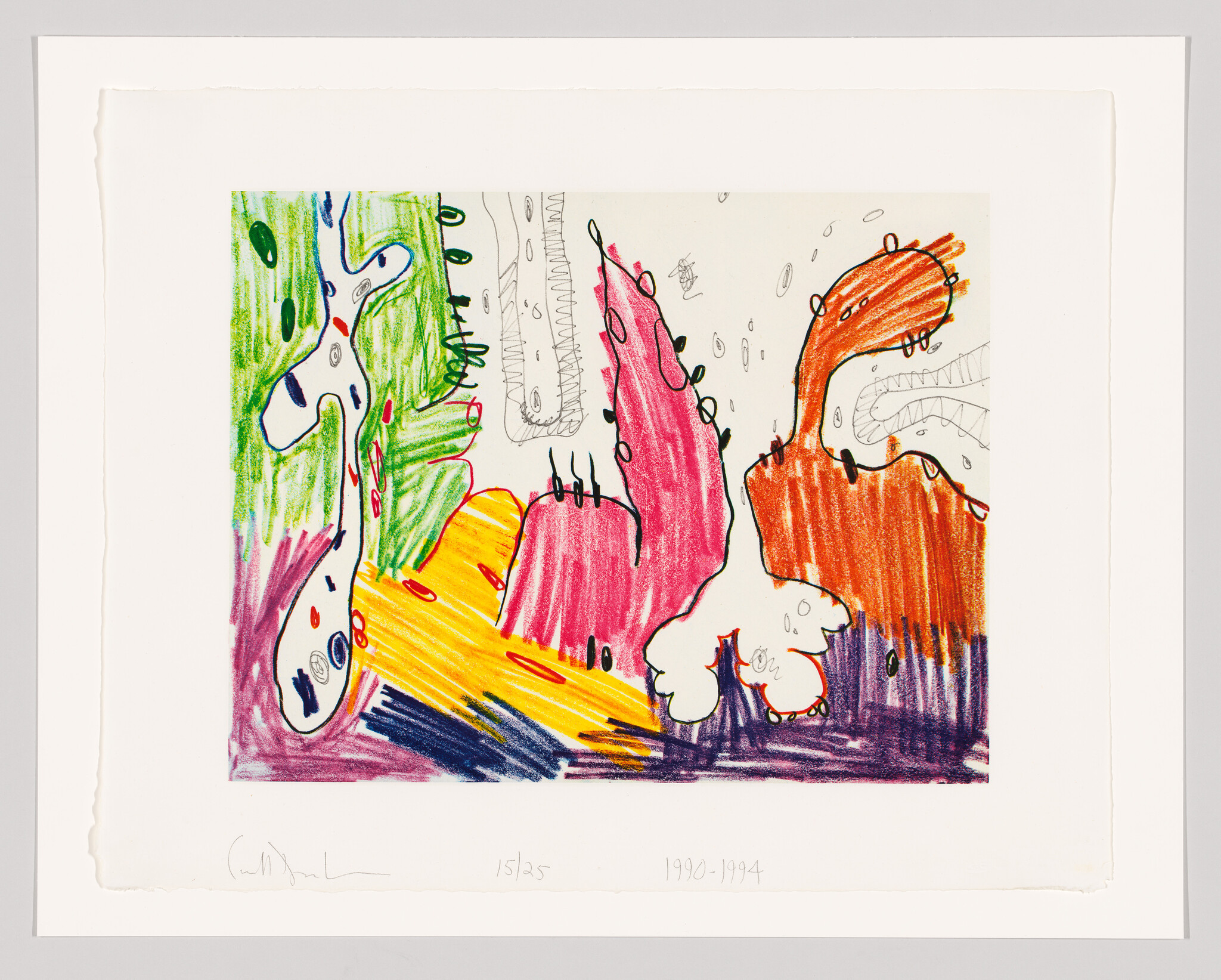 Colorful abstract artwork with vibrant scribbles and shapes in green, red, and yellow, signed and dated 1990-1994.