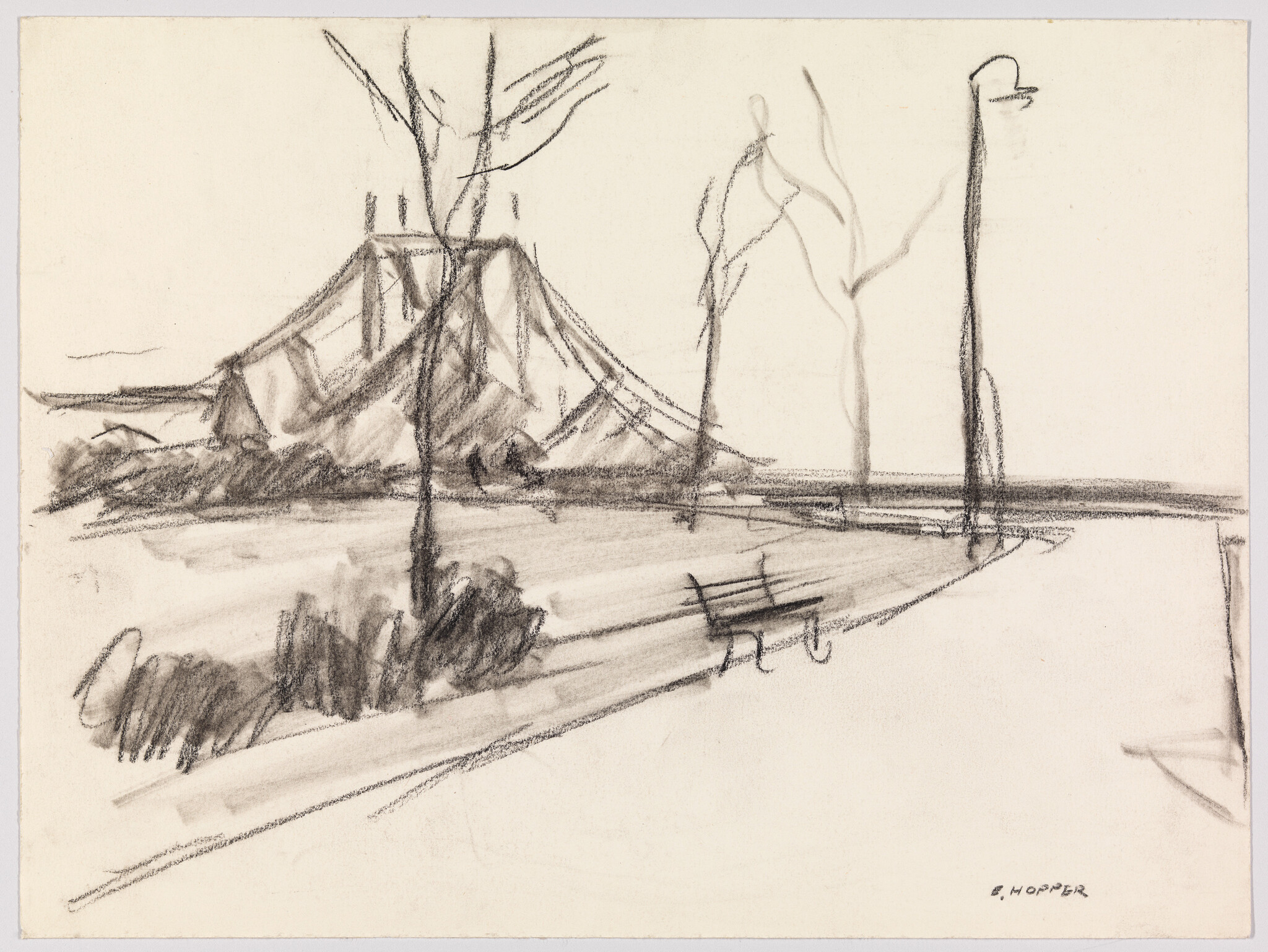 A rough charcoal sketch shows a suspension bridge across the river with trees and an empty bench.