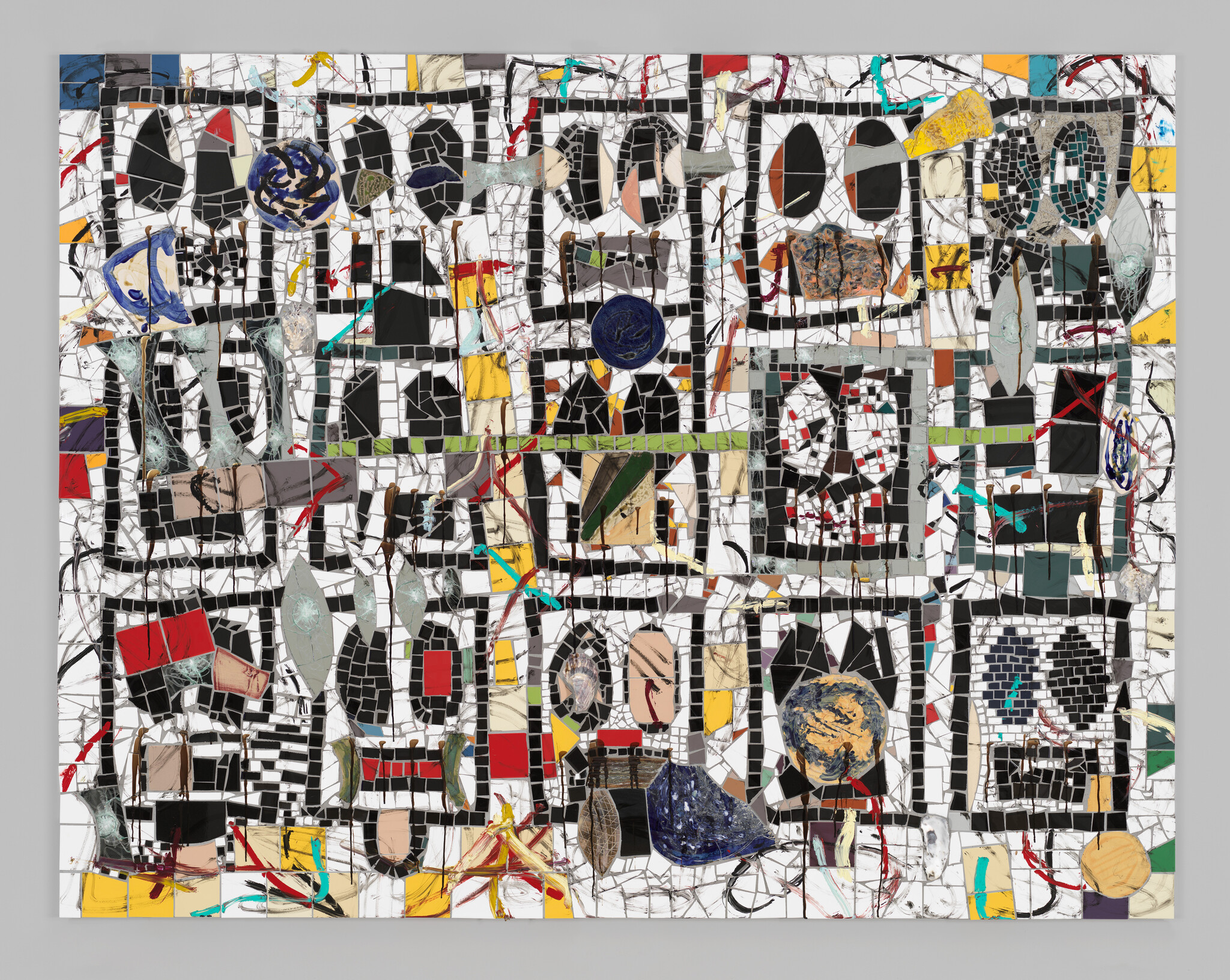 Large abstract mosaic with black grid and colorful fragmented shapes creating maze-like geometric patterns.