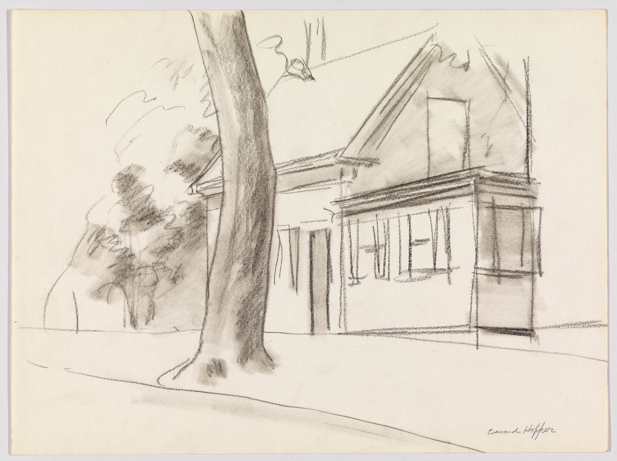 Pencil sketch shows a house with a large tree standing in front of the entrance.