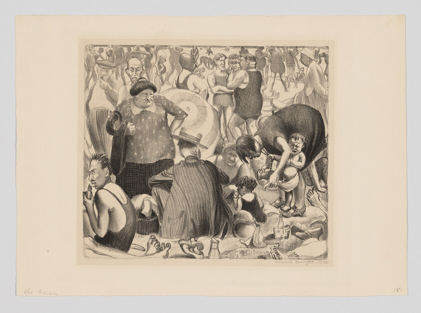 Crowded beach scene showing families and swimmers interacting, children being tended and people relaxing.