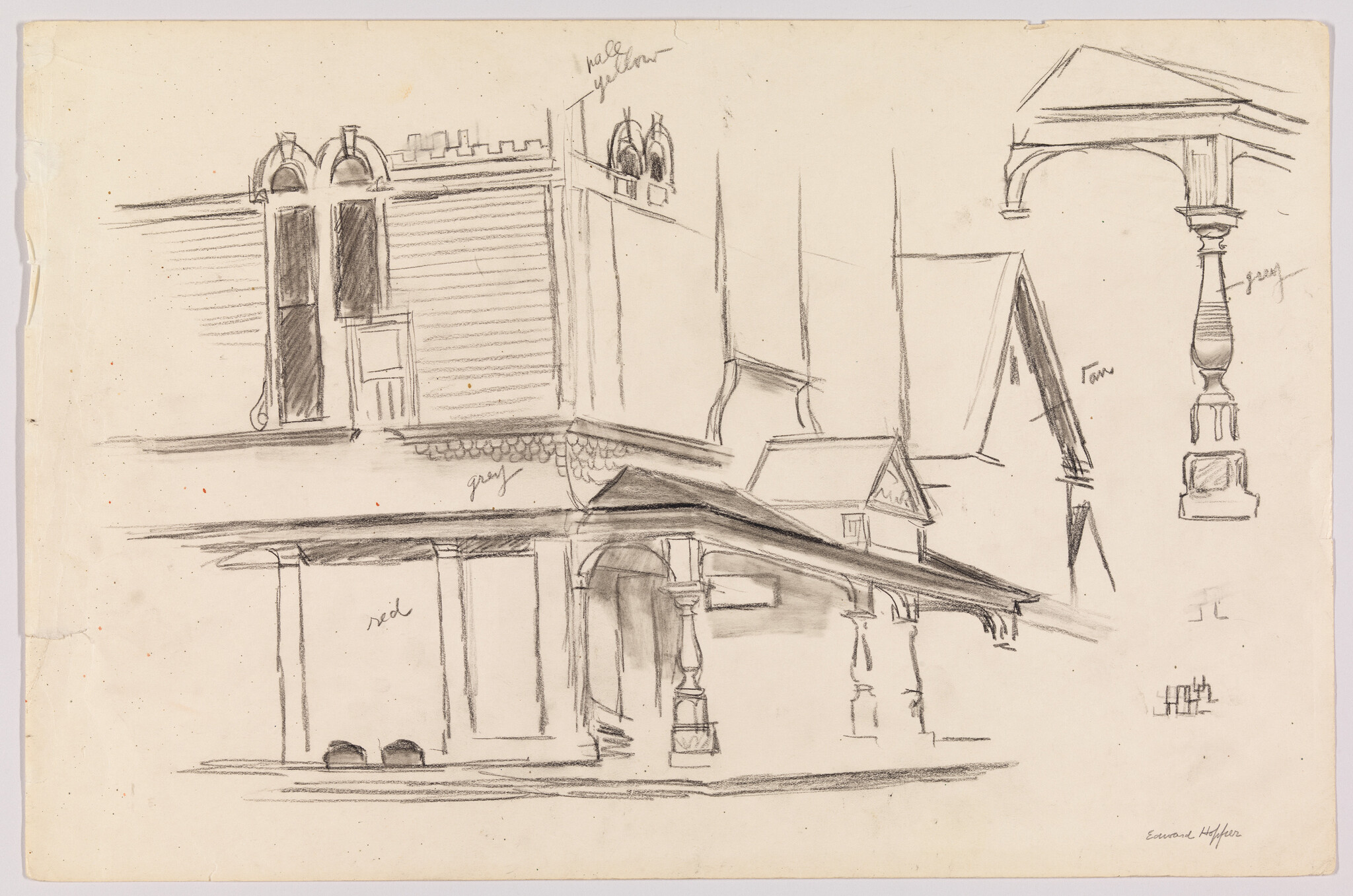 Pencil sketch shows a house facade with a porch, ornate columns, and roof details.