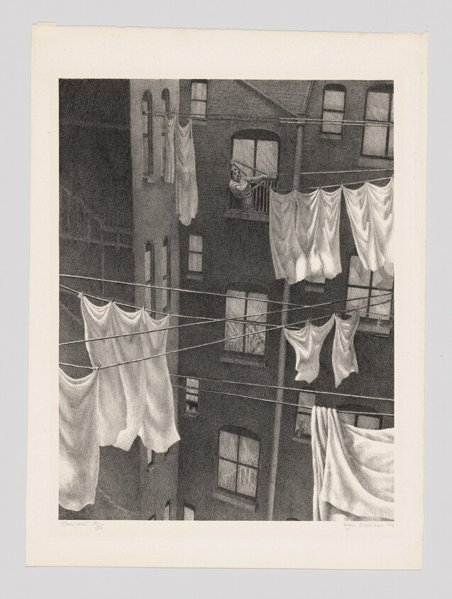 A black and white illustration depicting an urban scene with multiple clotheslines strung between buildings, laden with hanging laundry. The perspective is from below, looking up at the underside of the clothes, with the details of the building's windows and a fire escape in the background. The artwork is signed by the creators in the bottom corners.
