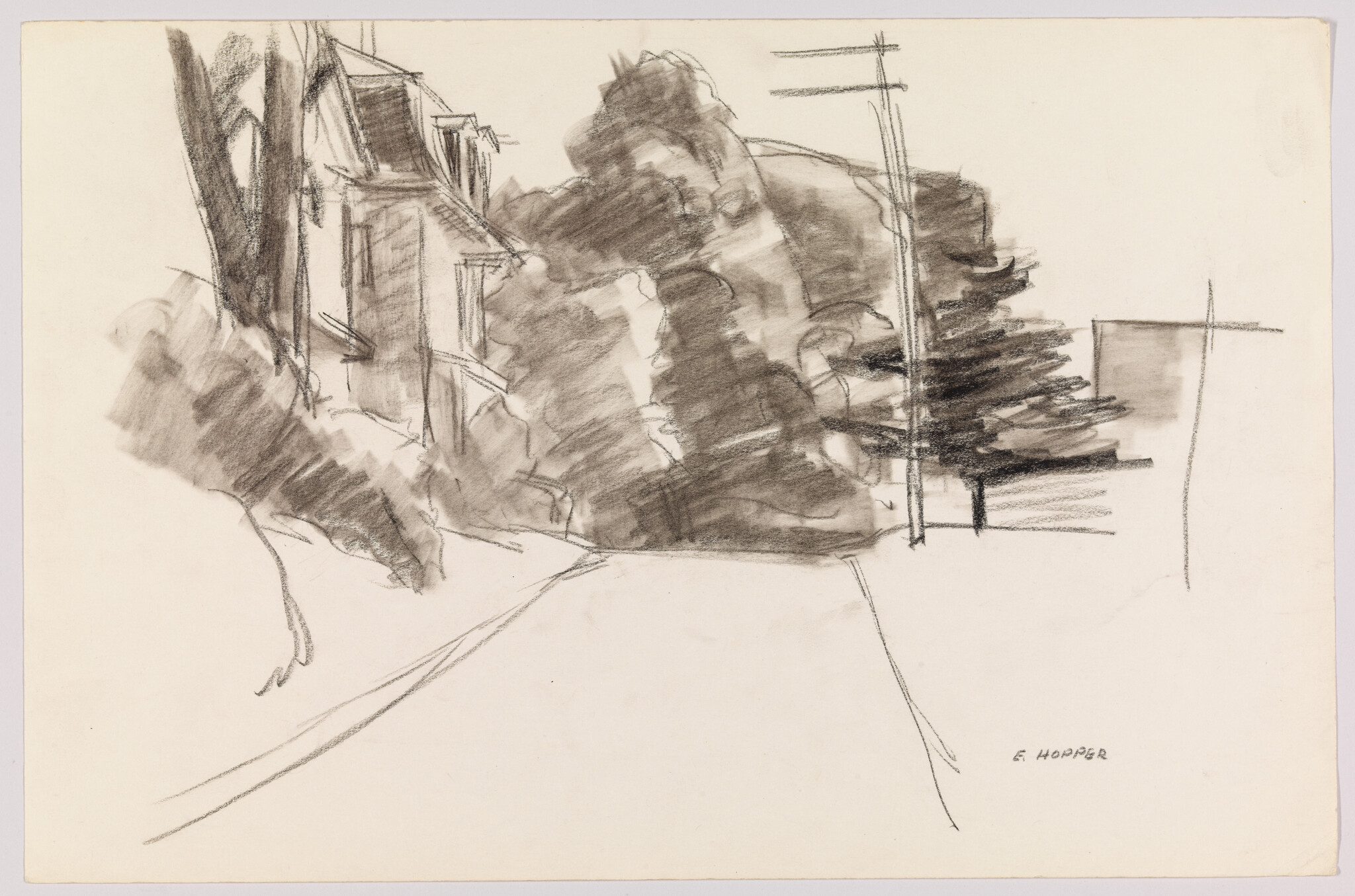 A loose charcoal sketch showing a house-lined road with large trees and a telephone pole.