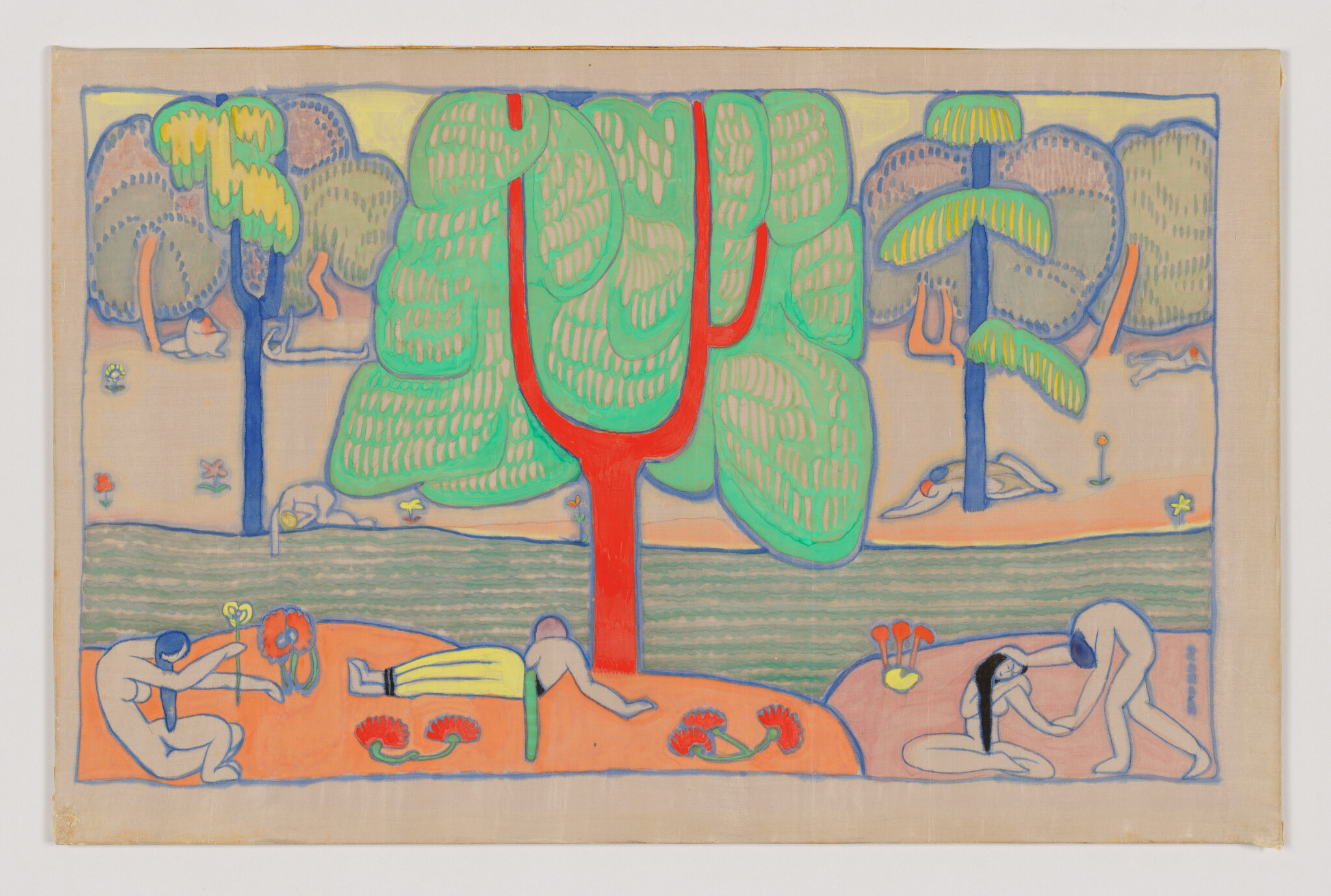 Large stylized tree with red trunk dominates a riverside scene of people relaxing and interacting.