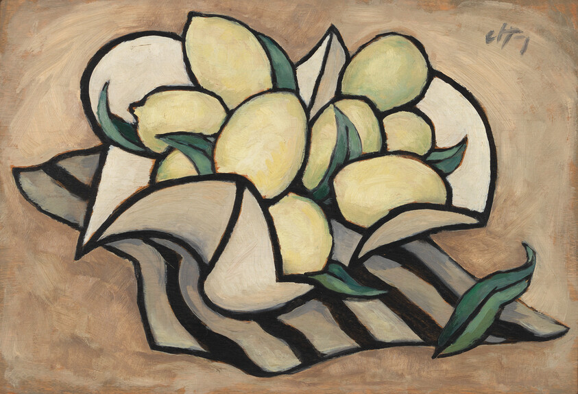 A stylized bowl of yellow lemons with green leaves resting on a black-and-white striped cloth.