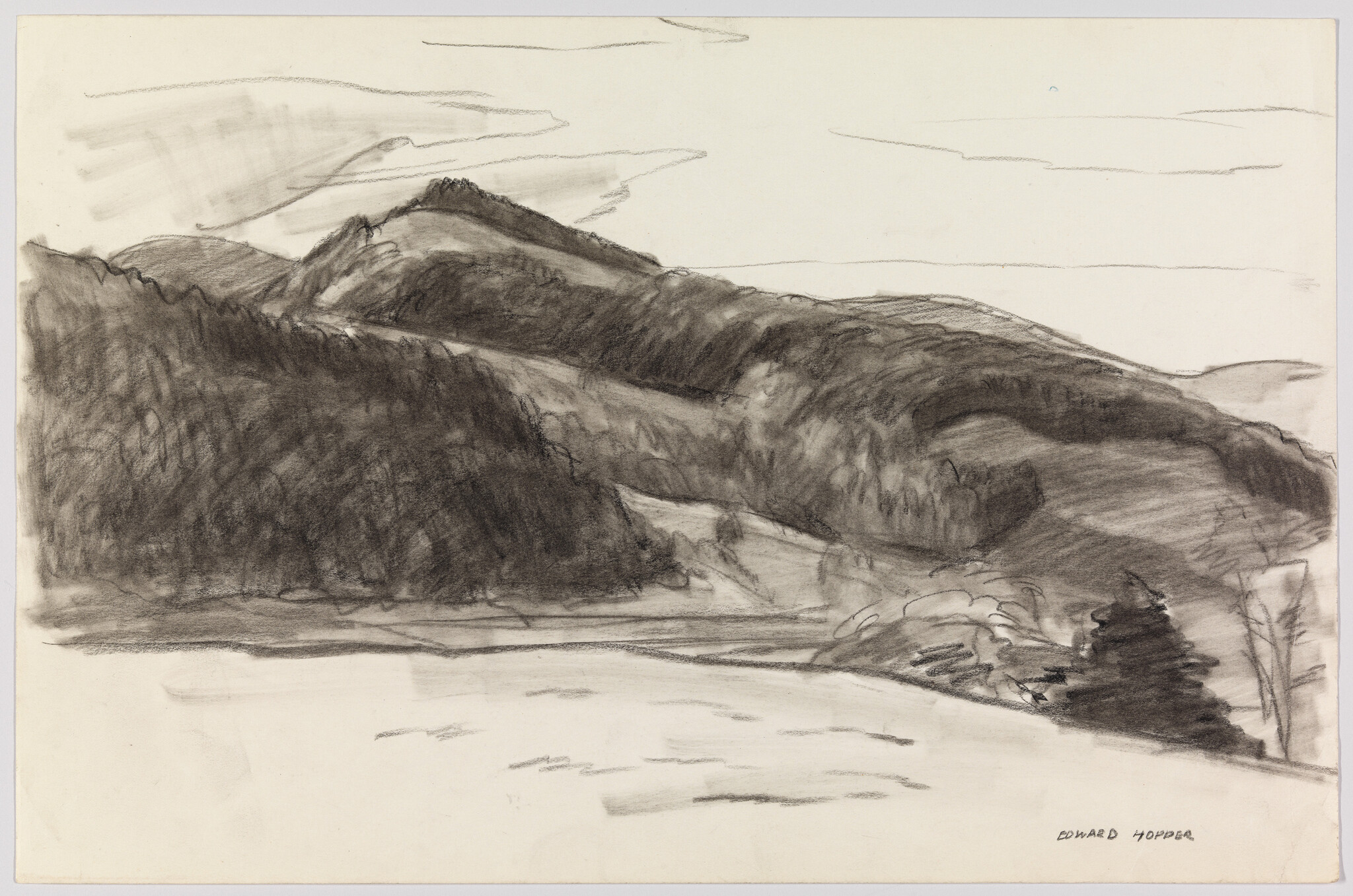 Rolling forested hills and a calm foreground sketched in soft charcoal strokes.