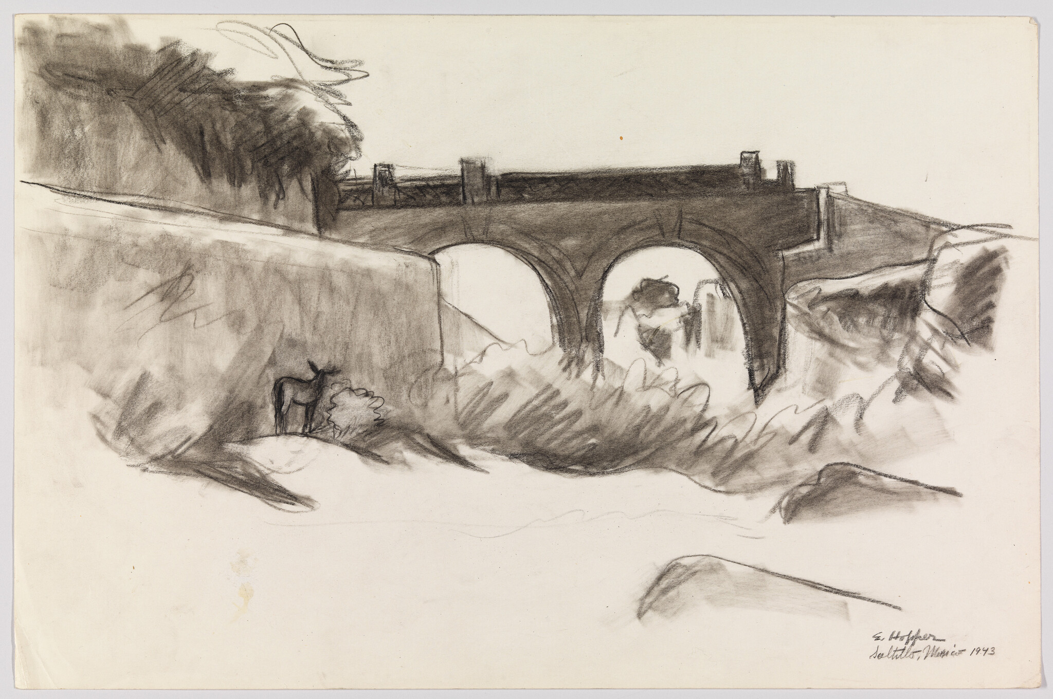 A stone bridge with two arches spans a rocky gorge while a small mule stands below.