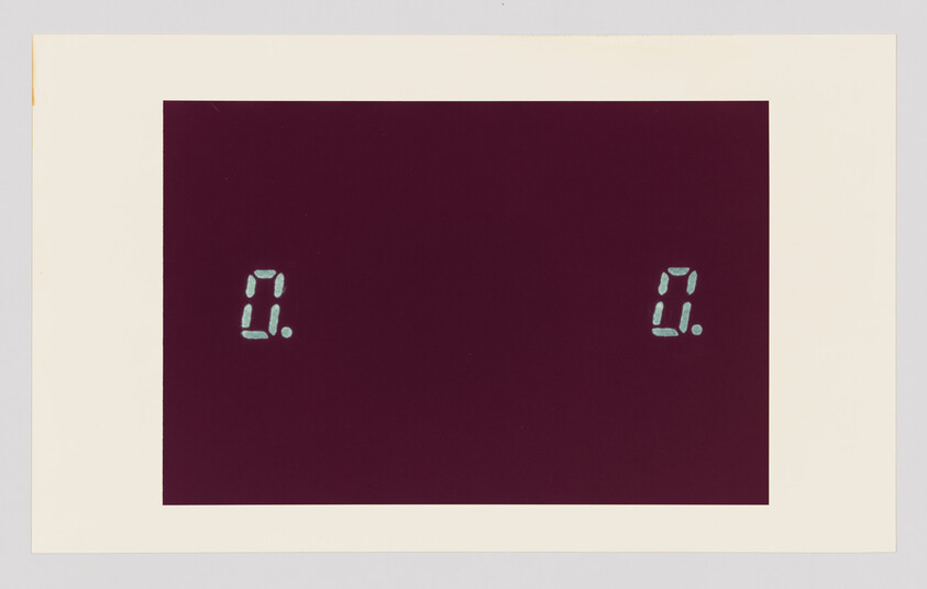 Two teal digital zeroes displayed on a dark maroon screen inside a white border.