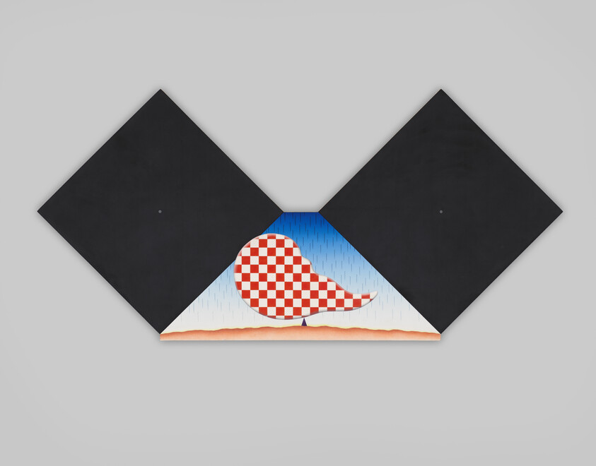 Three connected diamond panels with a central scene of a red-and-white checkered cloud raining over a tiny tree.