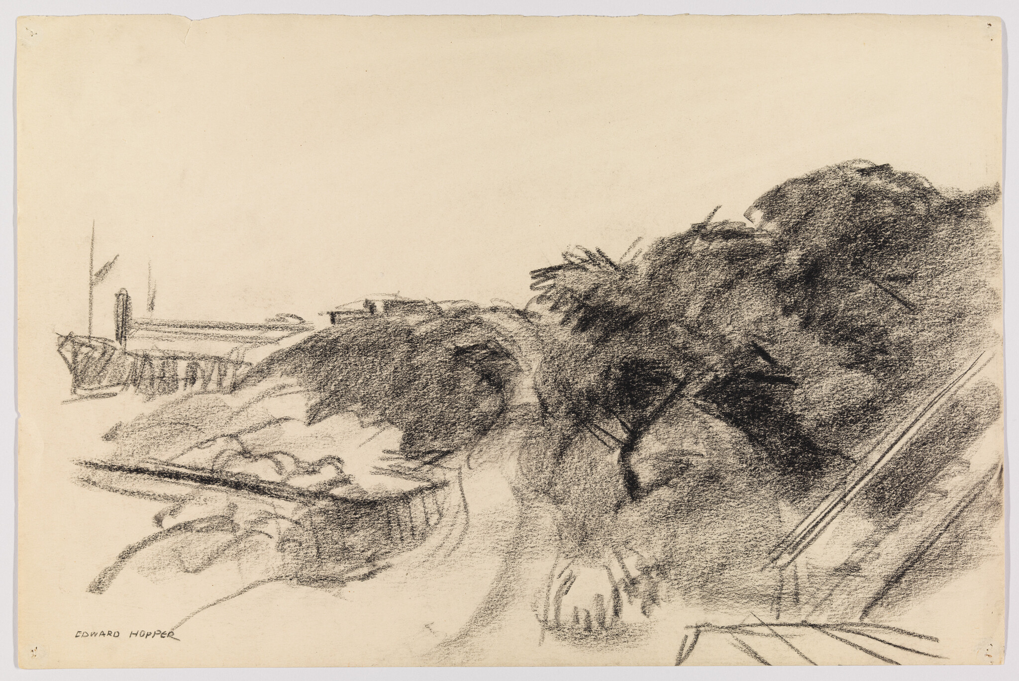 Charcoal sketch showing a shoreline with boats, a pier on the left, and dense trees on the right.