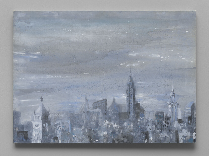 A muted blue-gray painting of a city skyline with tall skyscrapers and cloudy sky.