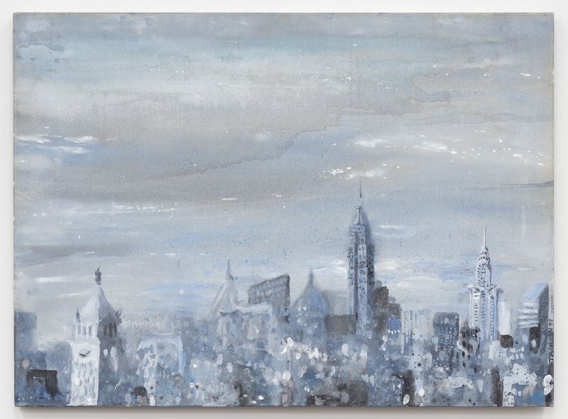 A hazy, monochromatic painting of a city skyline with tall buildings under a cloudy sky, featuring a mix of architectural styles.