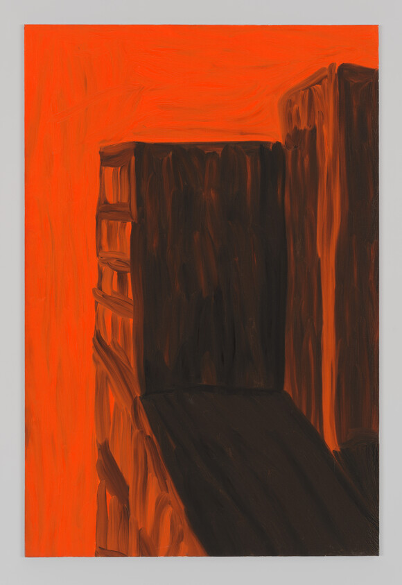 Abstract painting with dark, block-like shapes against a bright orange background.