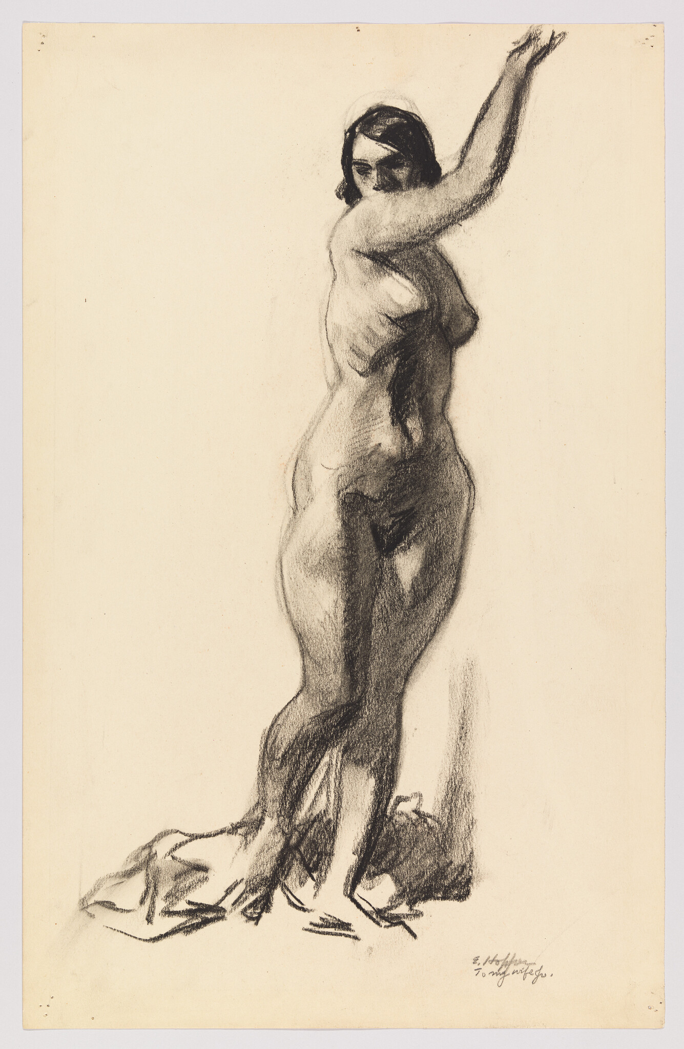 A standing nude woman in charcoal sketch raises one arm while cloth gathers at her feet.