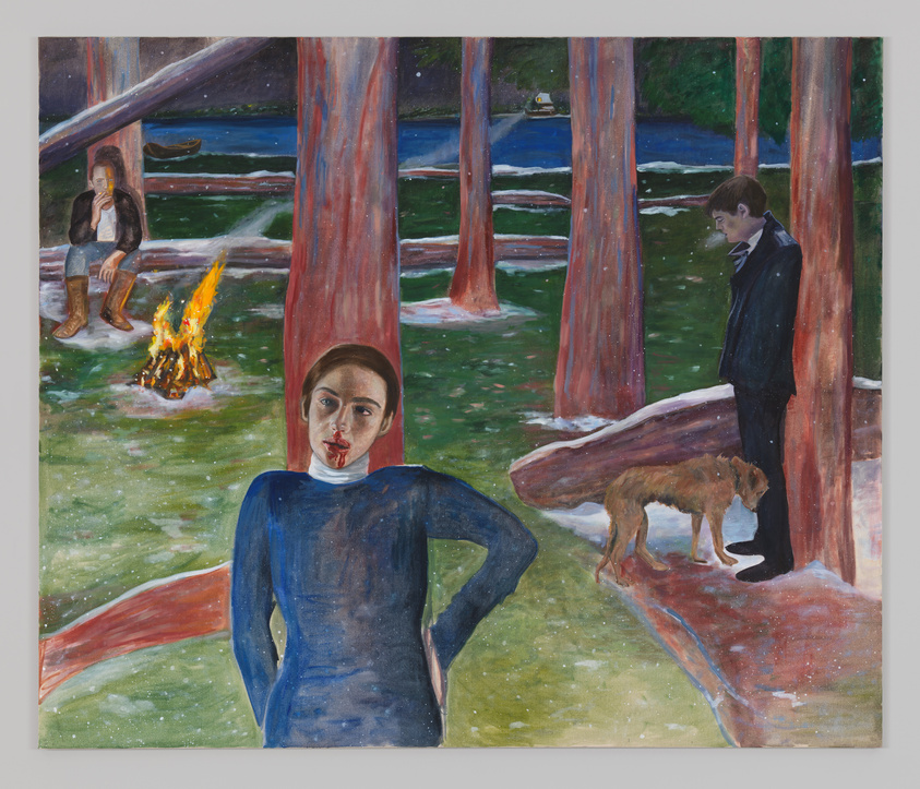 A painting depicting a surreal outdoor scene with several figures and a dog among red-barked trees. In the foreground, a woman with her hands on her hips stares directly at the viewer. Behind her, a small fire burns brightly, with a seated person drinking from a cup. To the right, a man stands looking down, with a brown dog nearby. The background features a calm body of water with a boat and more trees.